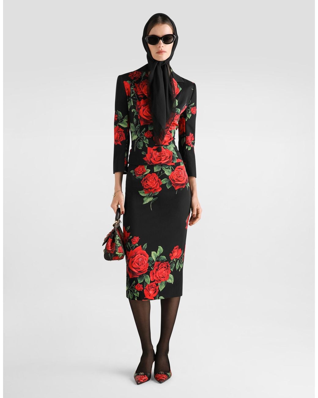 Dolce & Gabbana Red Rose-Print Charmeuse Skirt