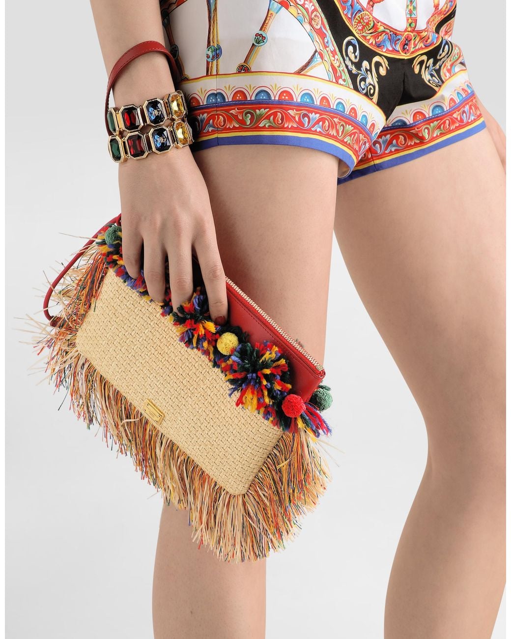 Dolce & Gabbana Multicolor Raffia Toiletry Bag With Fringes
