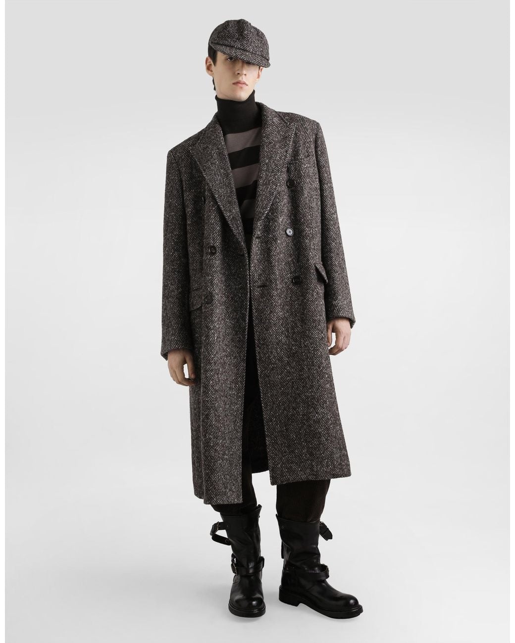 Dolce & Gabbana Gray Double-Breasted Herringbone Coat for men