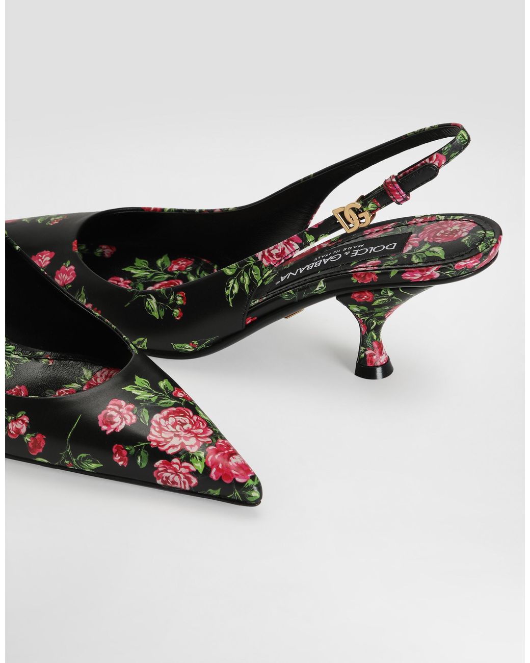 Dolce & Gabbana White Lollo Calfskin Slingback With Rose Print