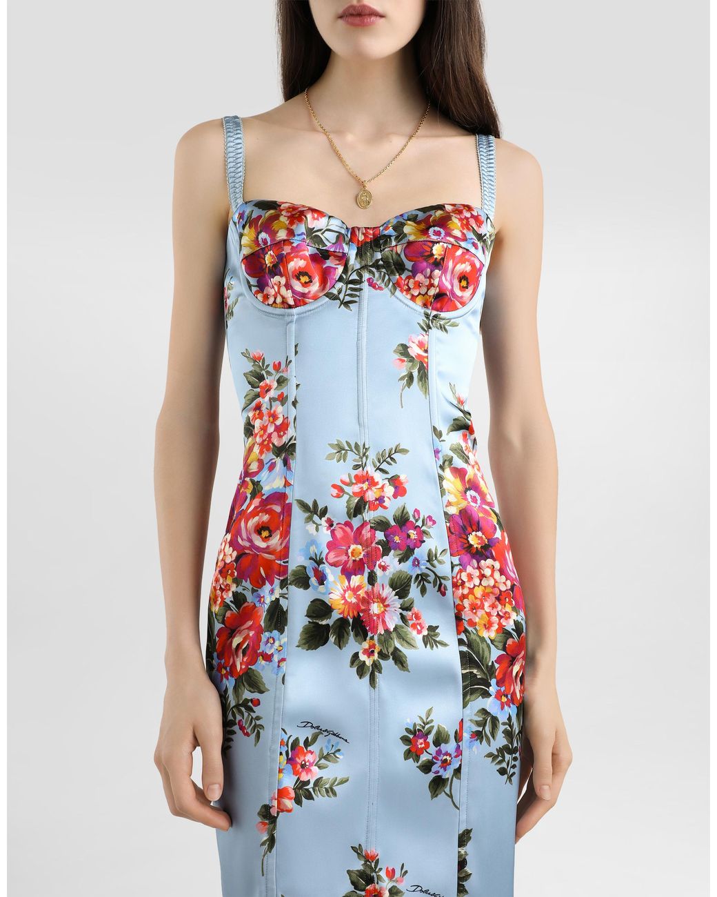 Dolce & Gabbana White Flower Bouquet-Print Satin Dress