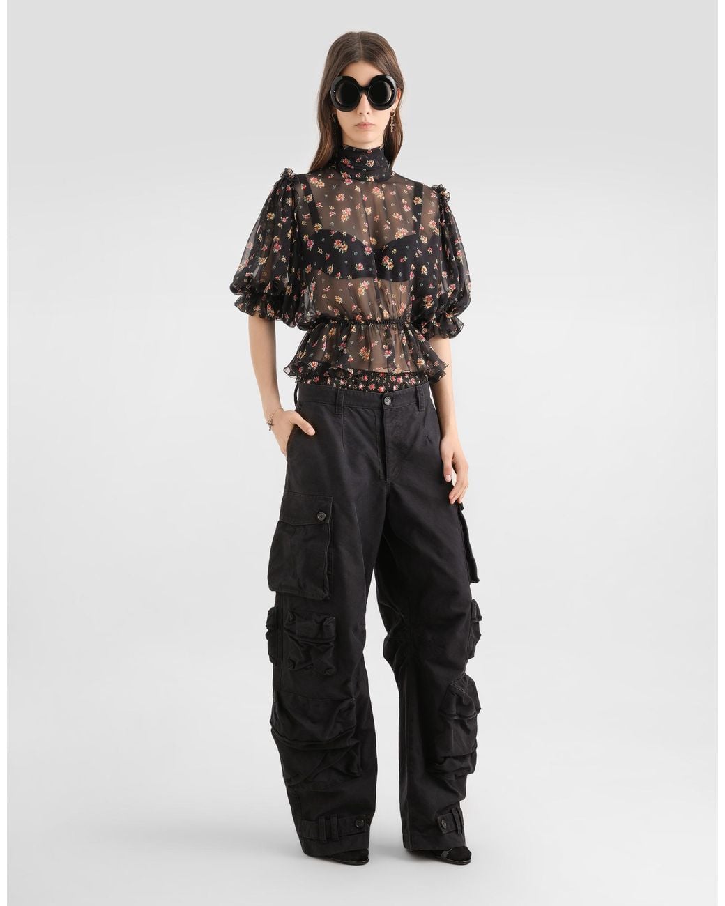 Dolce & Gabbana Black Small Floral-Print Chiffon Top