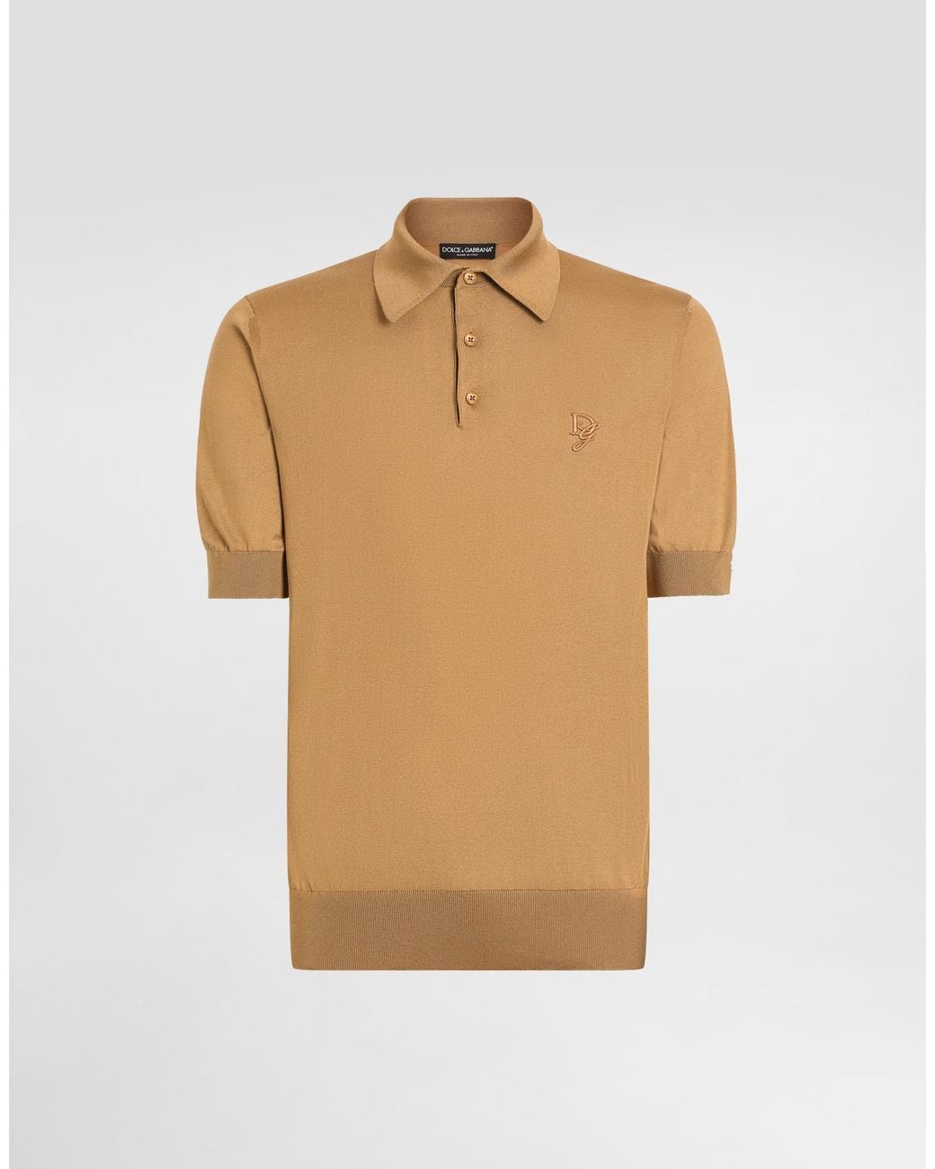 Dolce & Gabbana Natural Silk Polo-Shirt With Logo Embroidery for men