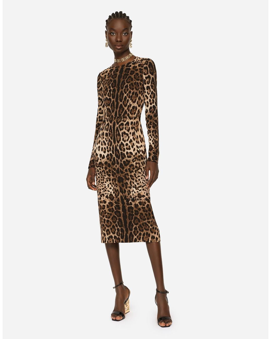 Dolce & Gabbana Natural Leopard-Print Cady Dress With Long Sleeves