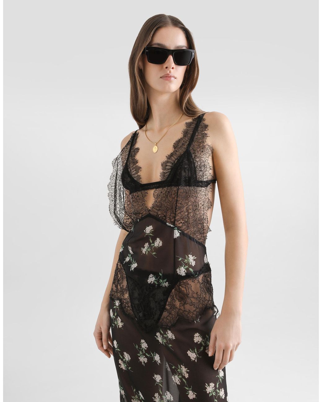 Dolce & Gabbana White Violets-Print Dress With Lace Insert