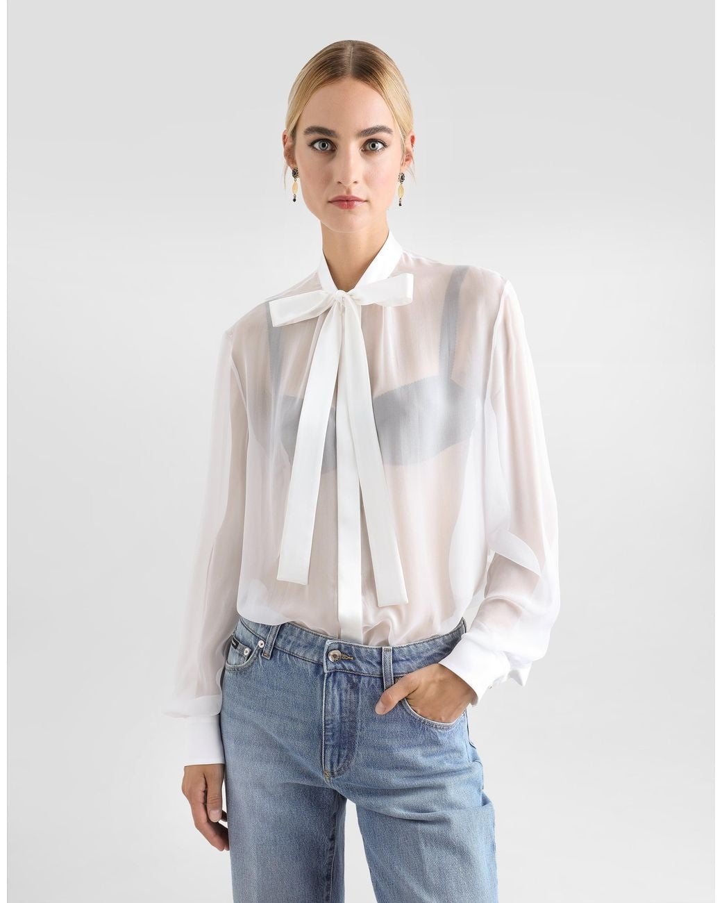 Dolce & Gabbana White Chiffon Pussy-Bow Shirt