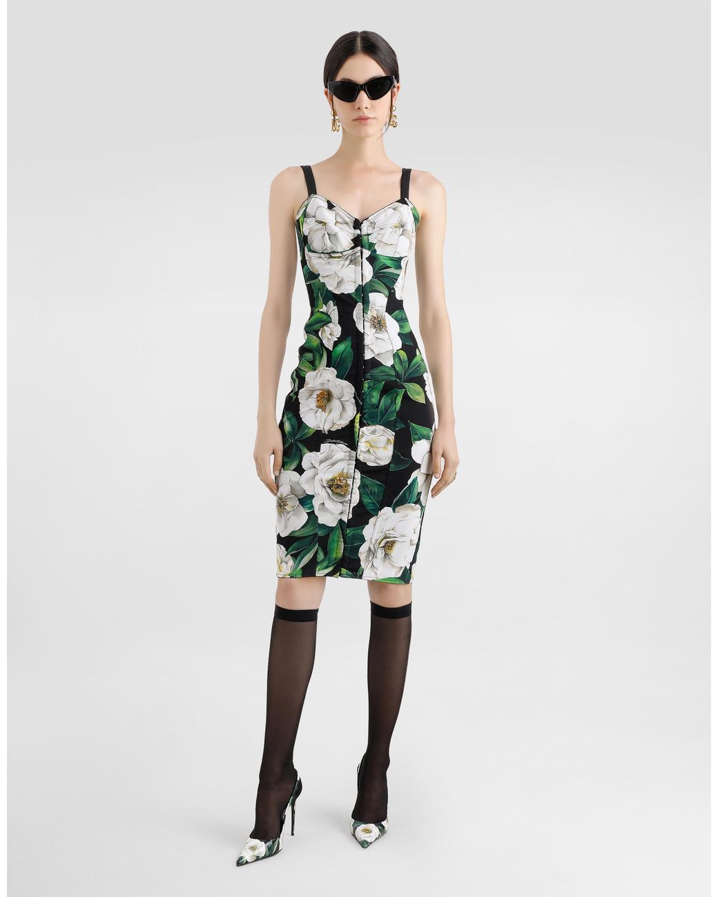 Dolce & Gabbana White Stretch Marquisette Midi Dress With Gardenia