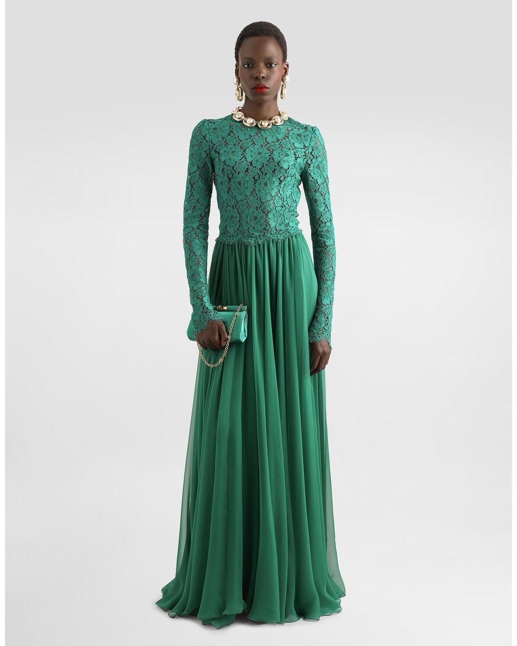 Dolce & Gabbana Green Long Chiffon And Lace Dress