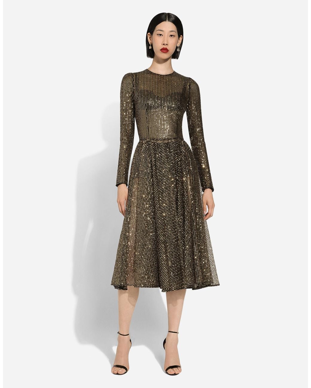 Dolce & Gabbana Natural Long-Sleeved Sequined Midi Dress