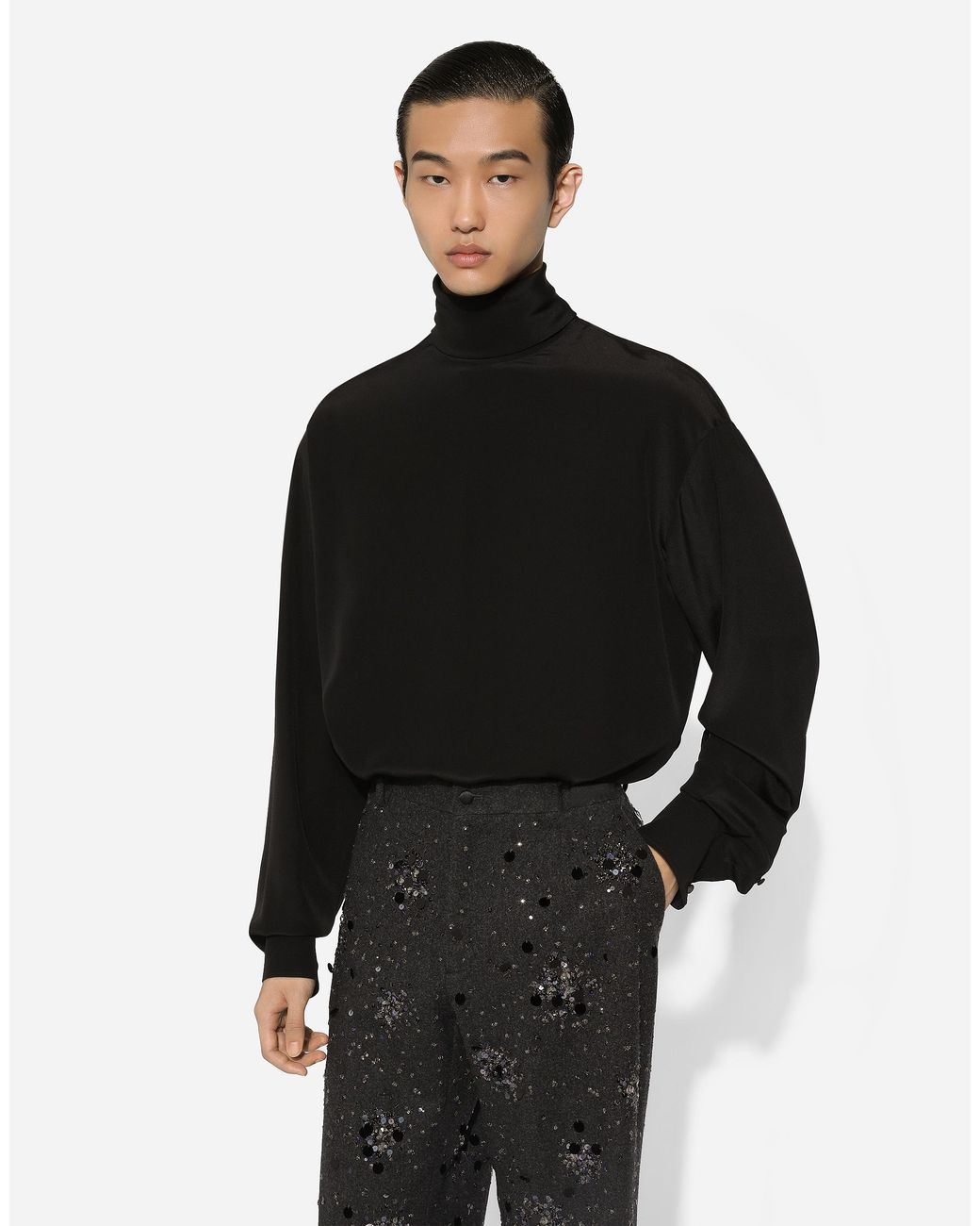 Dolce & Gabbana Black Loose Silk Turtleneck With Shirt Cuffs for men