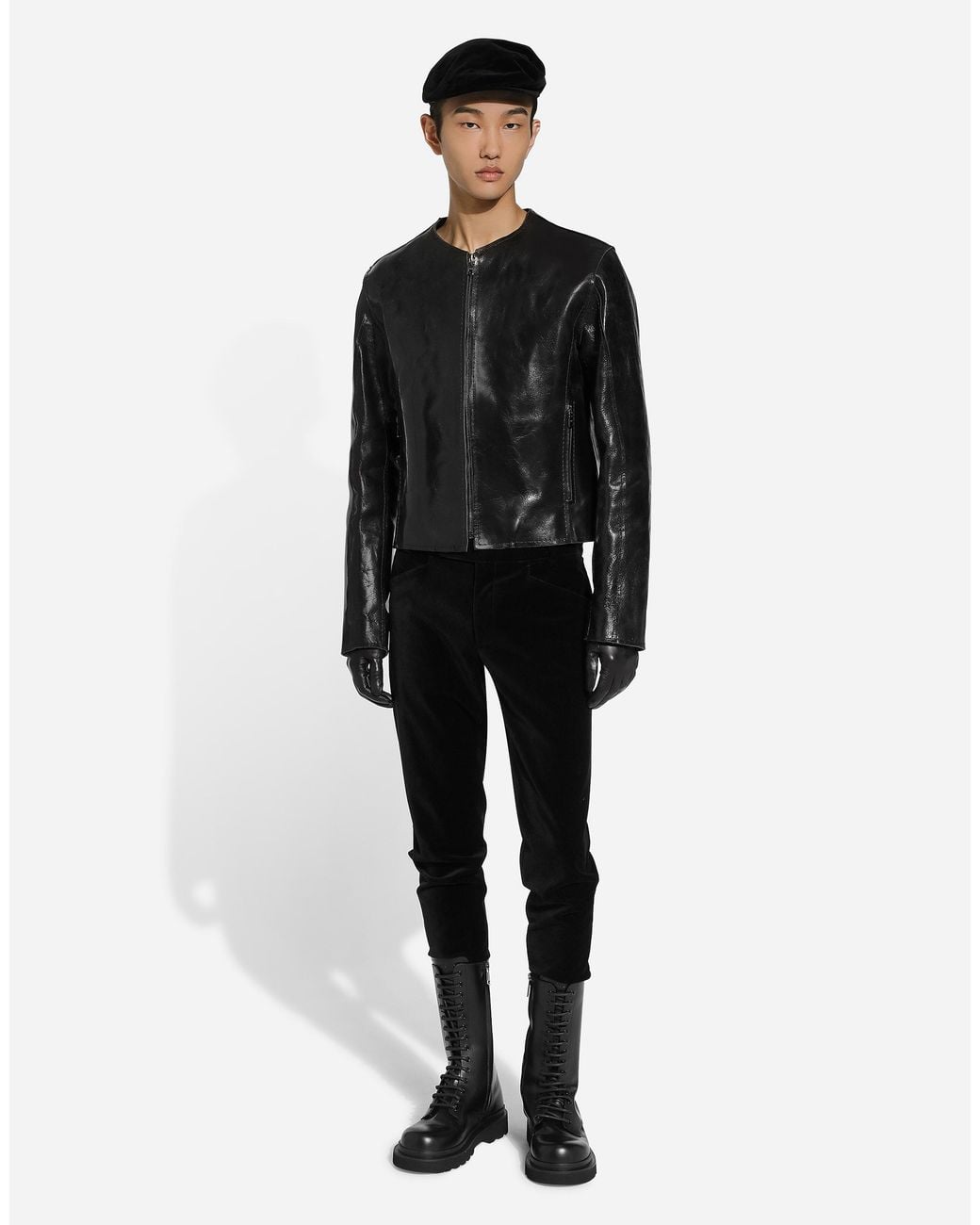 Dolce & Gabbana Black Collarless Leather Jacket for men