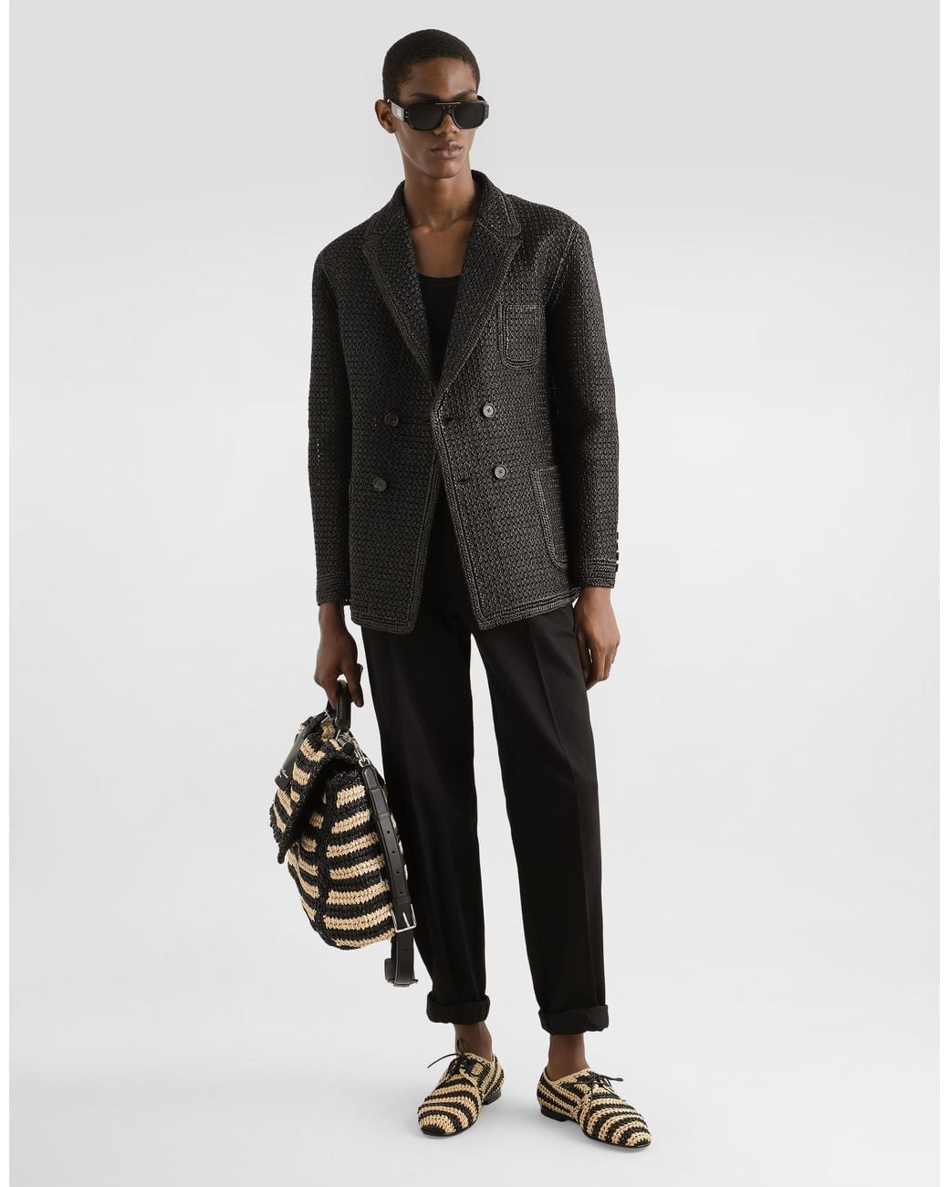 Dolce & Gabbana Black Double-Breasted Raffia Mesh Jacket for men