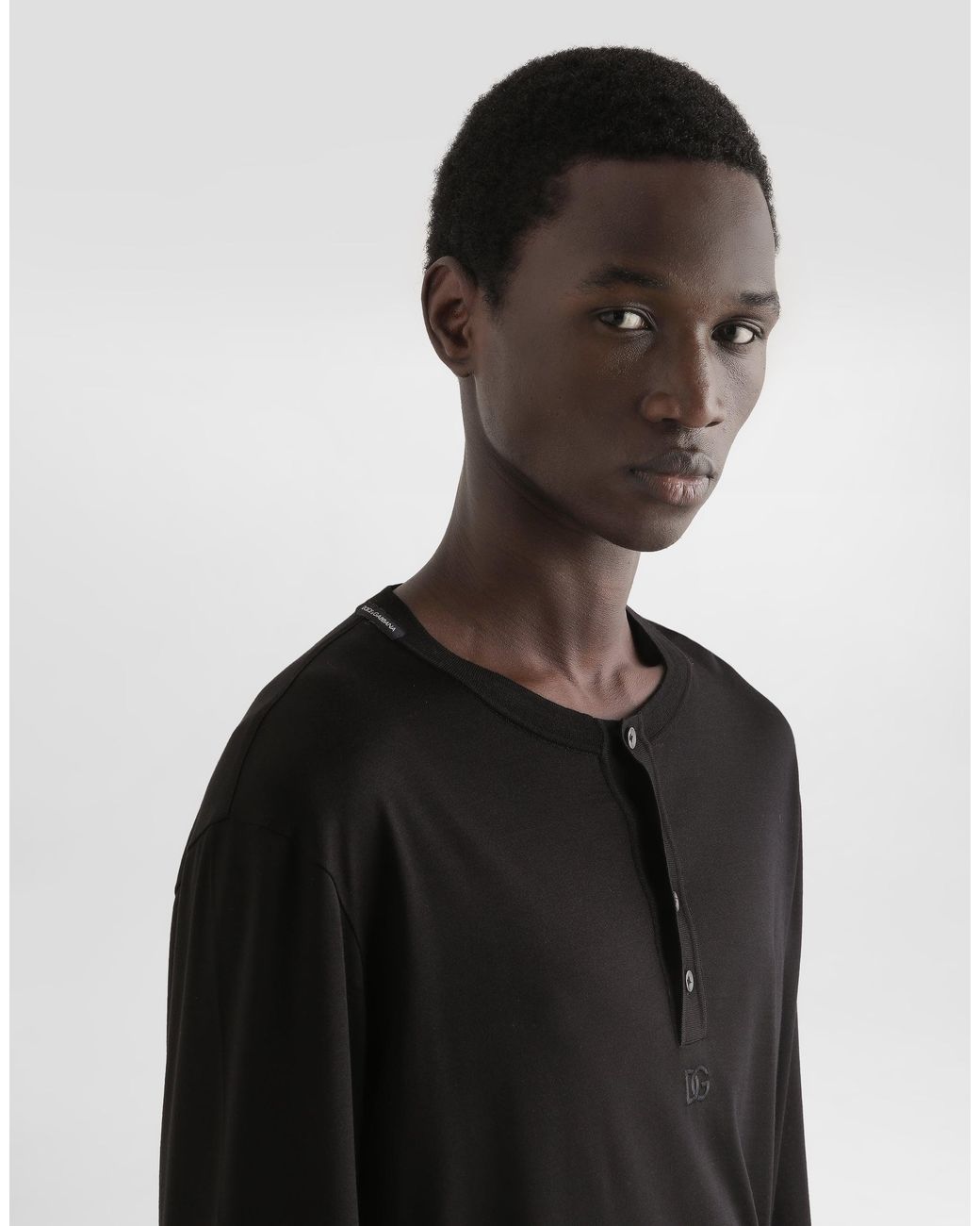Dolce & Gabbana Black Serafino Long Sleeve Silk T-Shirt for men