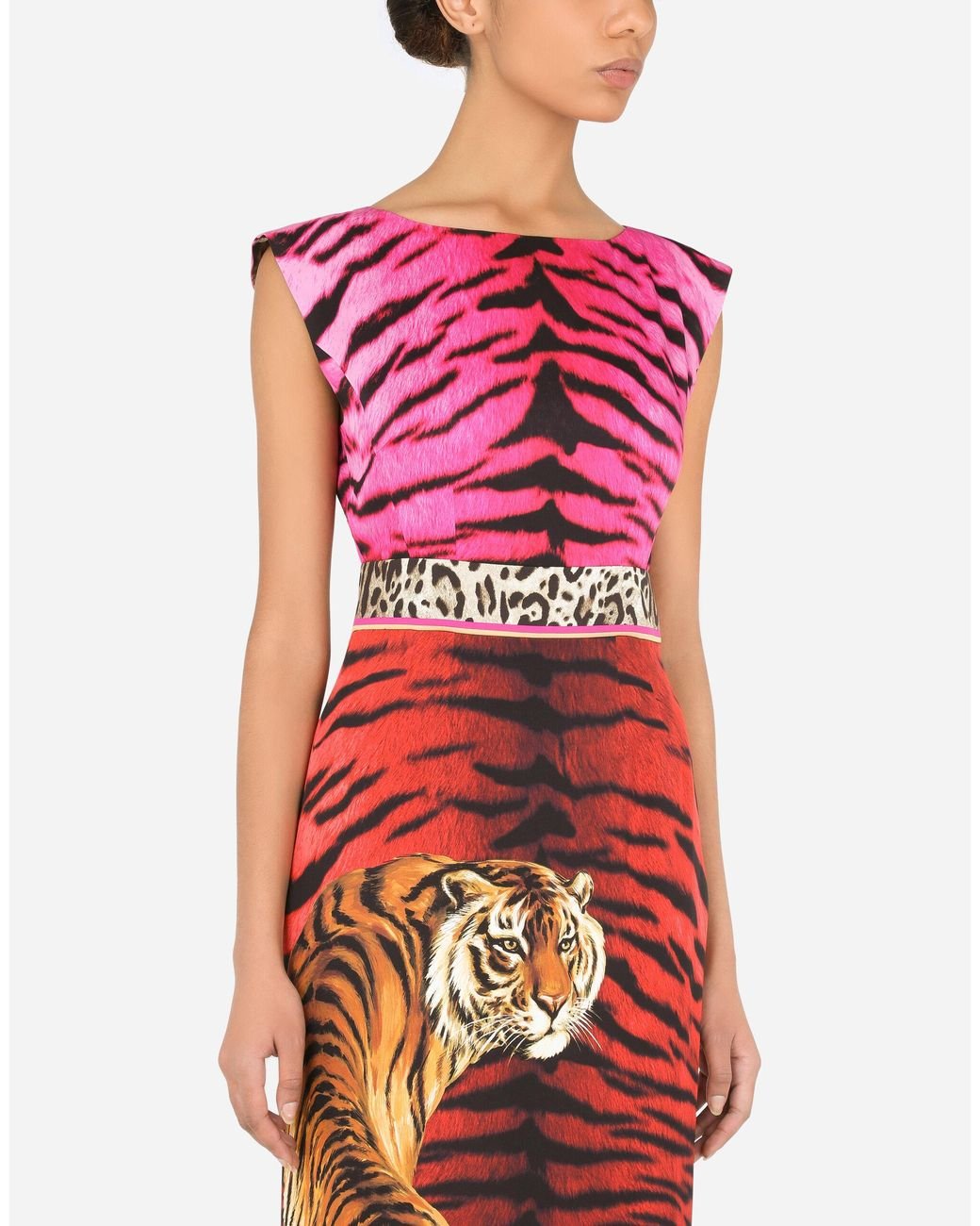 Dolce & Gabbana Satin Charmeuse Calf-length Dress With Tiger 