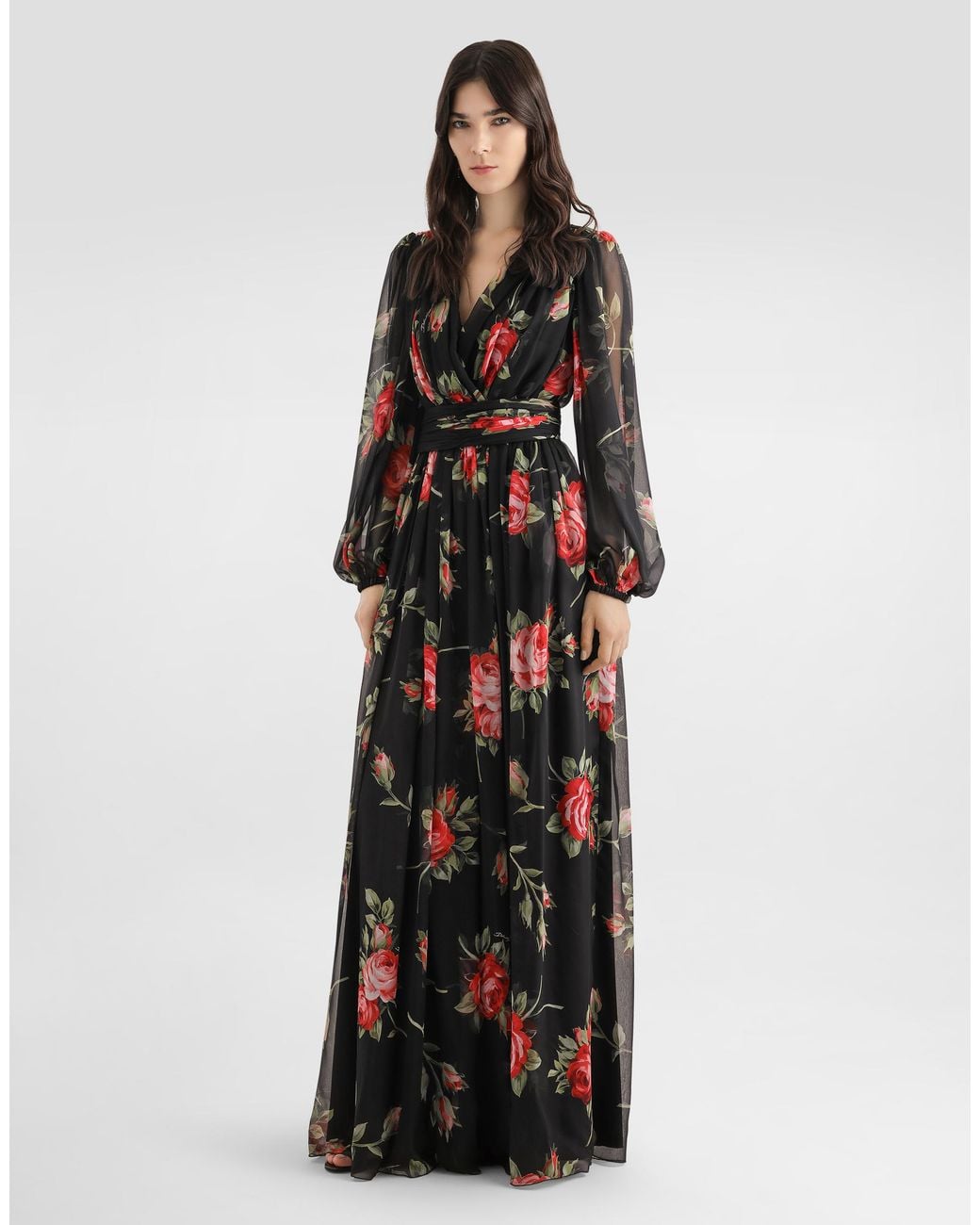 Dolce & Gabbana Black Rose Bouquet-Print Long Chiffon Dress