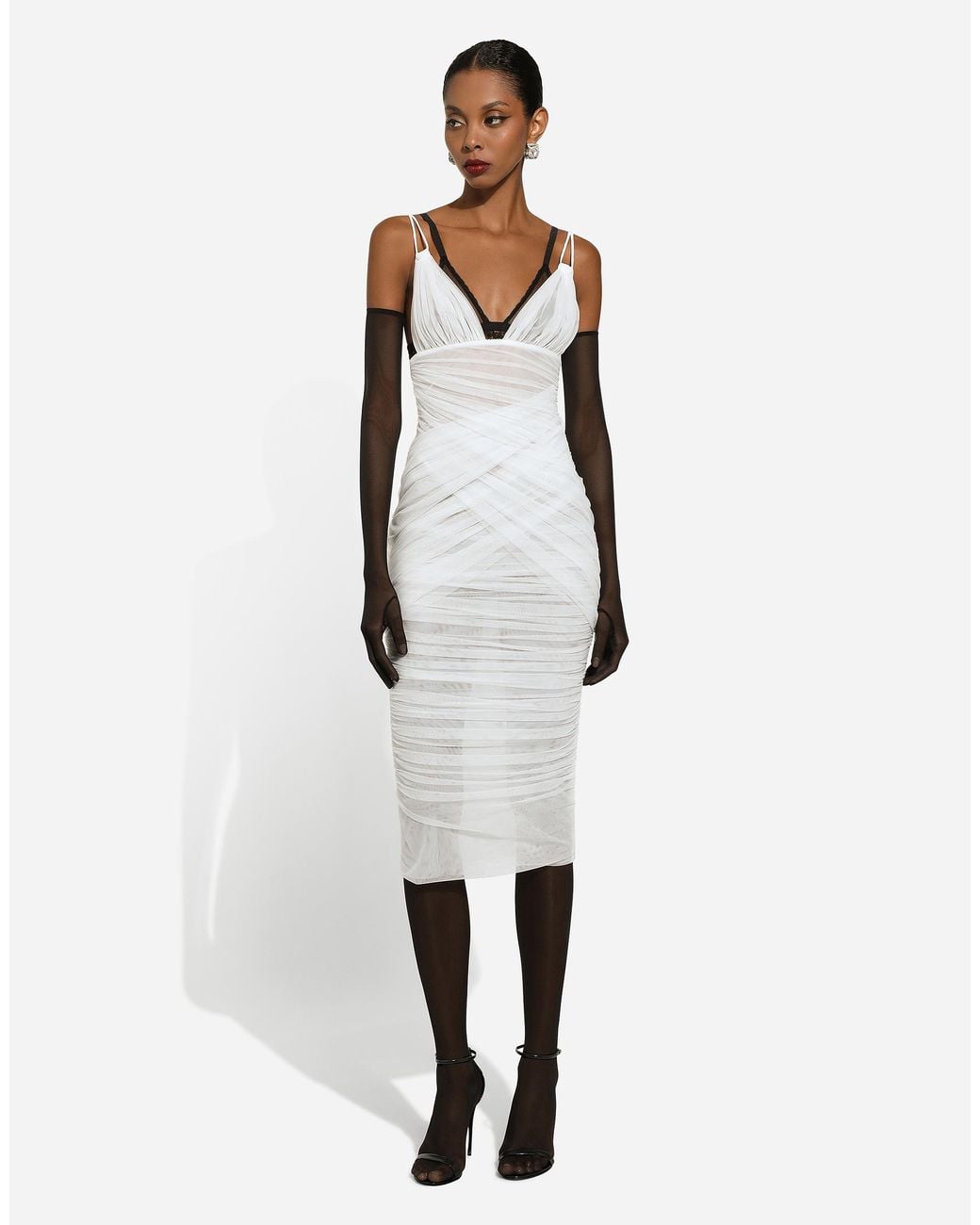 Dolce & Gabbana White Tulle Draped Calf-Length Dress