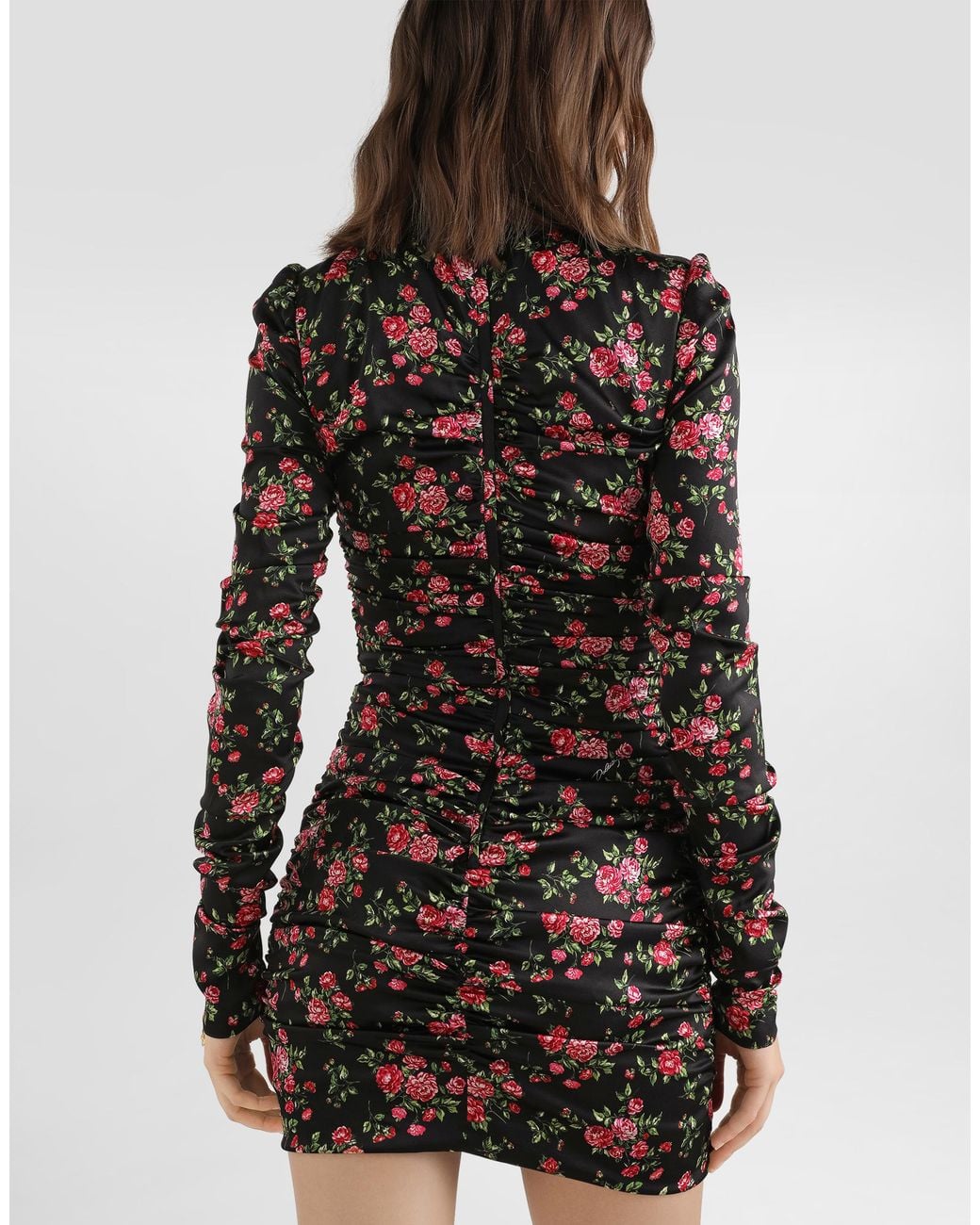 Dolce & Gabbana Black Small Rose Bouquets-Print Long Satin Dress
