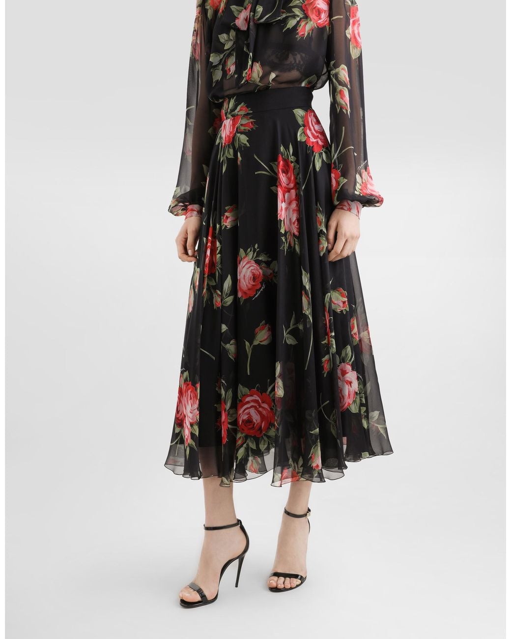 Dolce & Gabbana White Rose Bouquet-Print Chiffon Circle Skirt