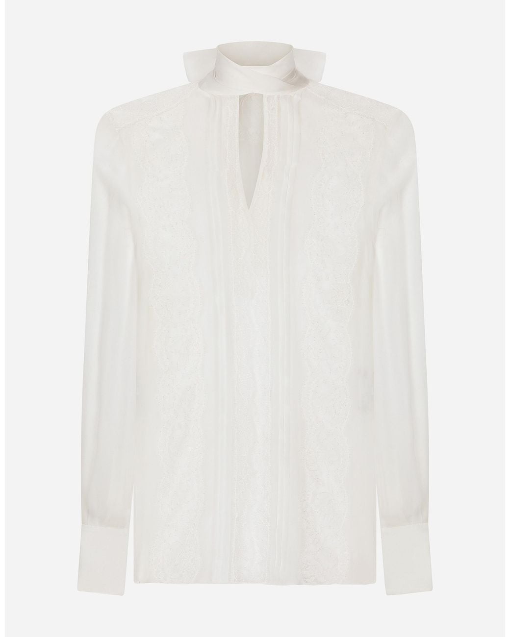 Dolce & Gabbana White Chiffon And Lace Pussy-Bow Blouse