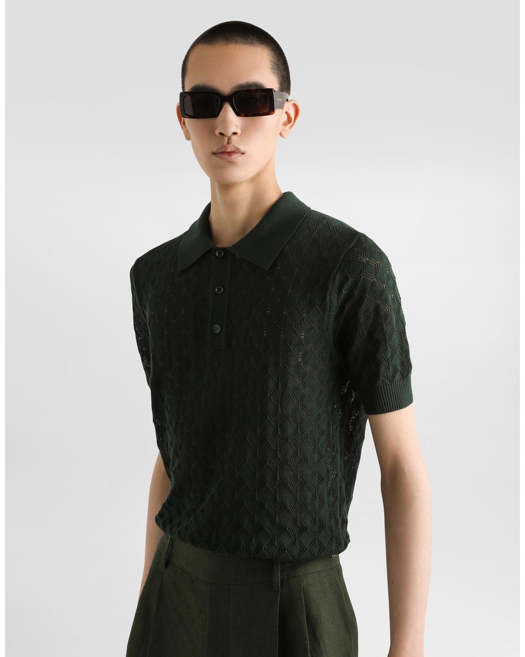 Dolce & Gabbana Black Short-Sleeved Cotton Openwork Polo-Shirt for men