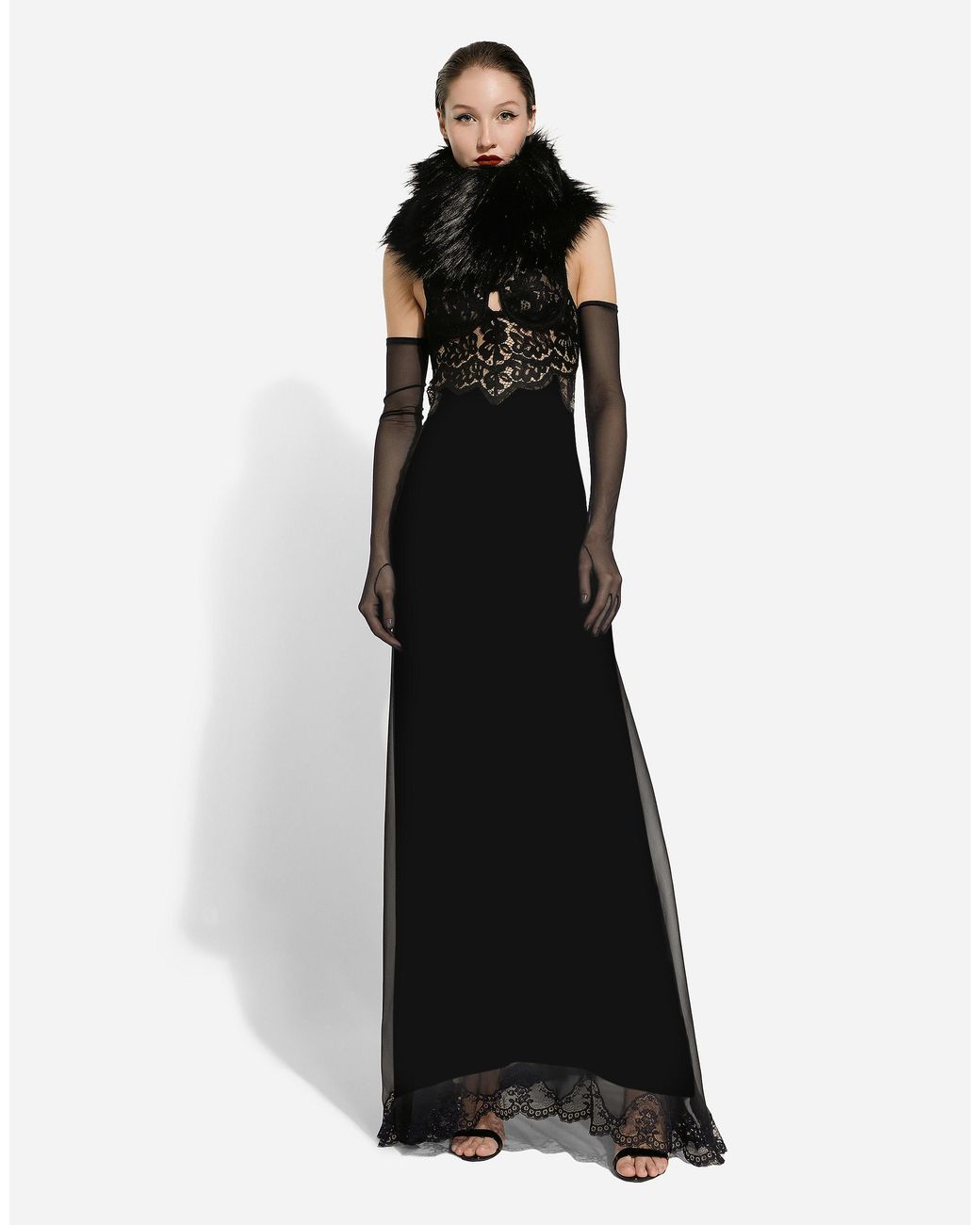 Dolce & Gabbana Black Long Silk Chiffon Dress With Lace Body