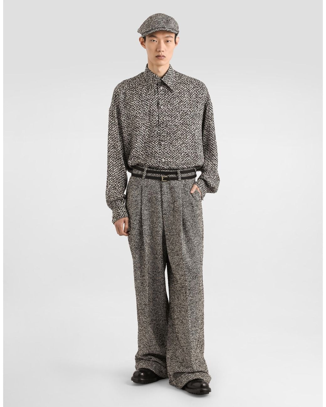 Dolce & Gabbana Gray Chiffon Shirt With Bouclé Print for men
