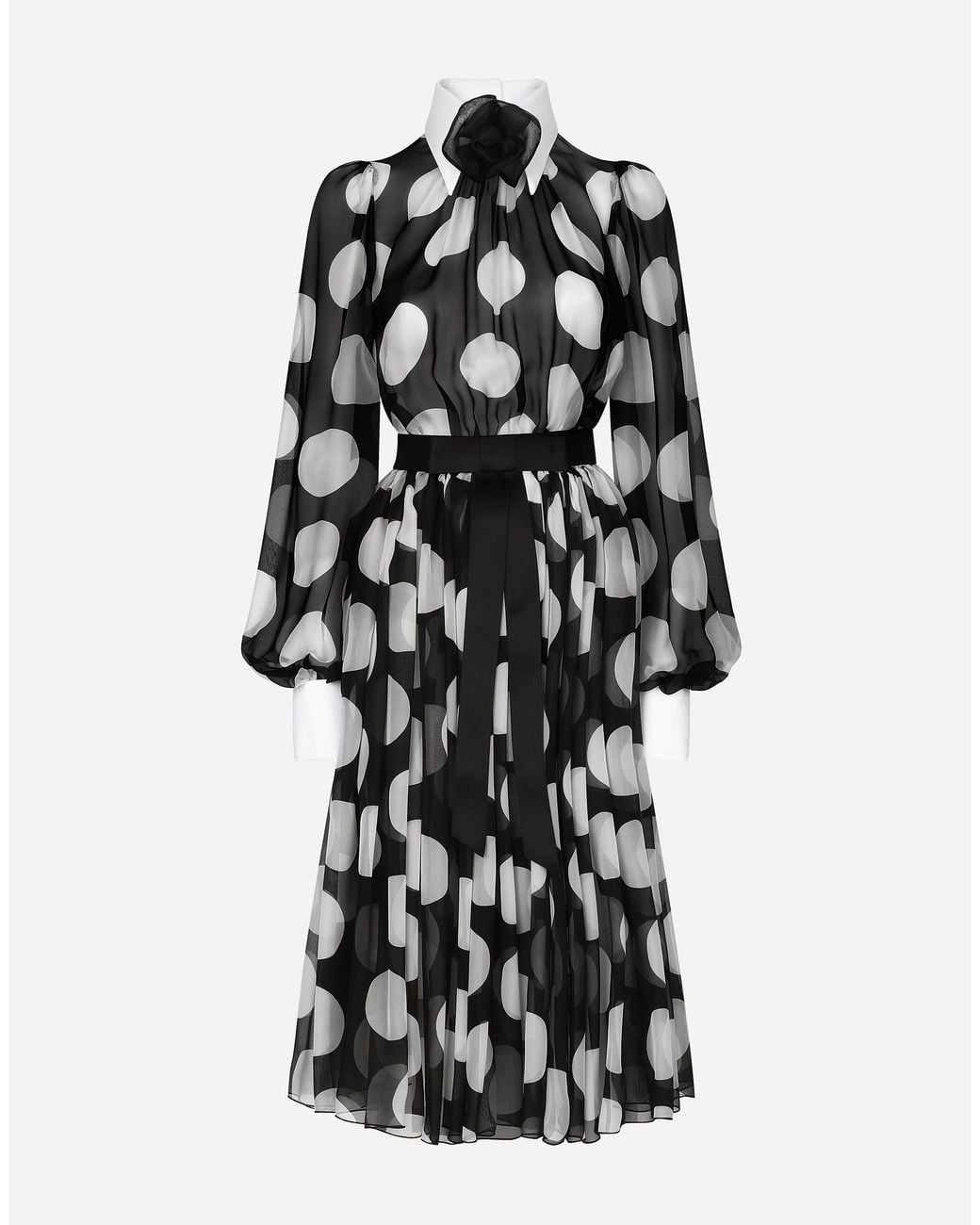 Dolce & Gabbana Black Polka Dot Long Sleeve Belted Chiffon Midi Dress