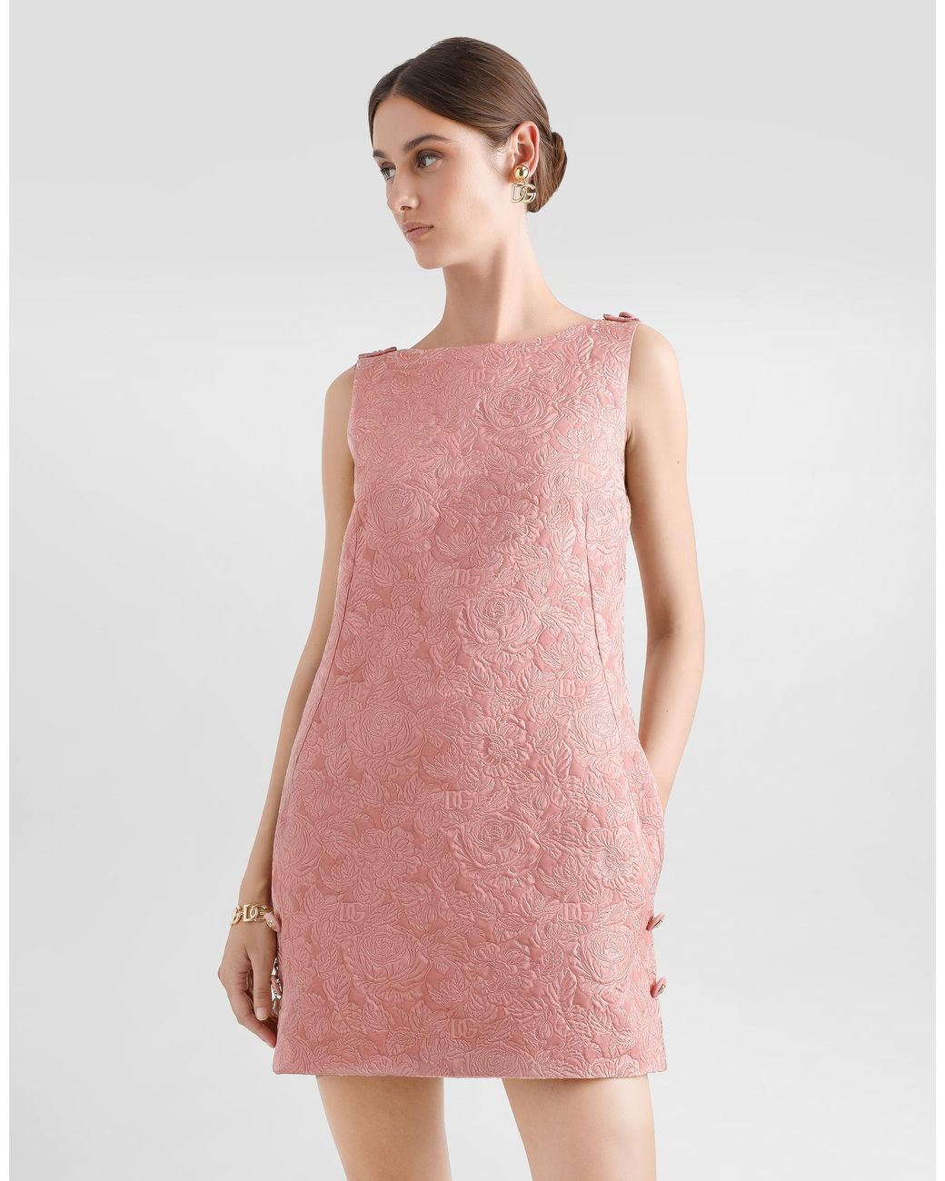 Dolce & Gabbana Pink Short Floral Quilted Jacquard Sack Dress