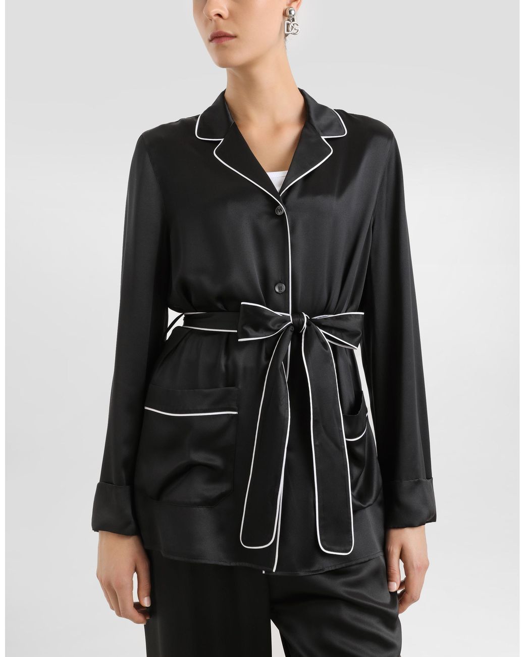 Dolce & Gabbana Black Silk Pajama Shirt With Contrasting Piping