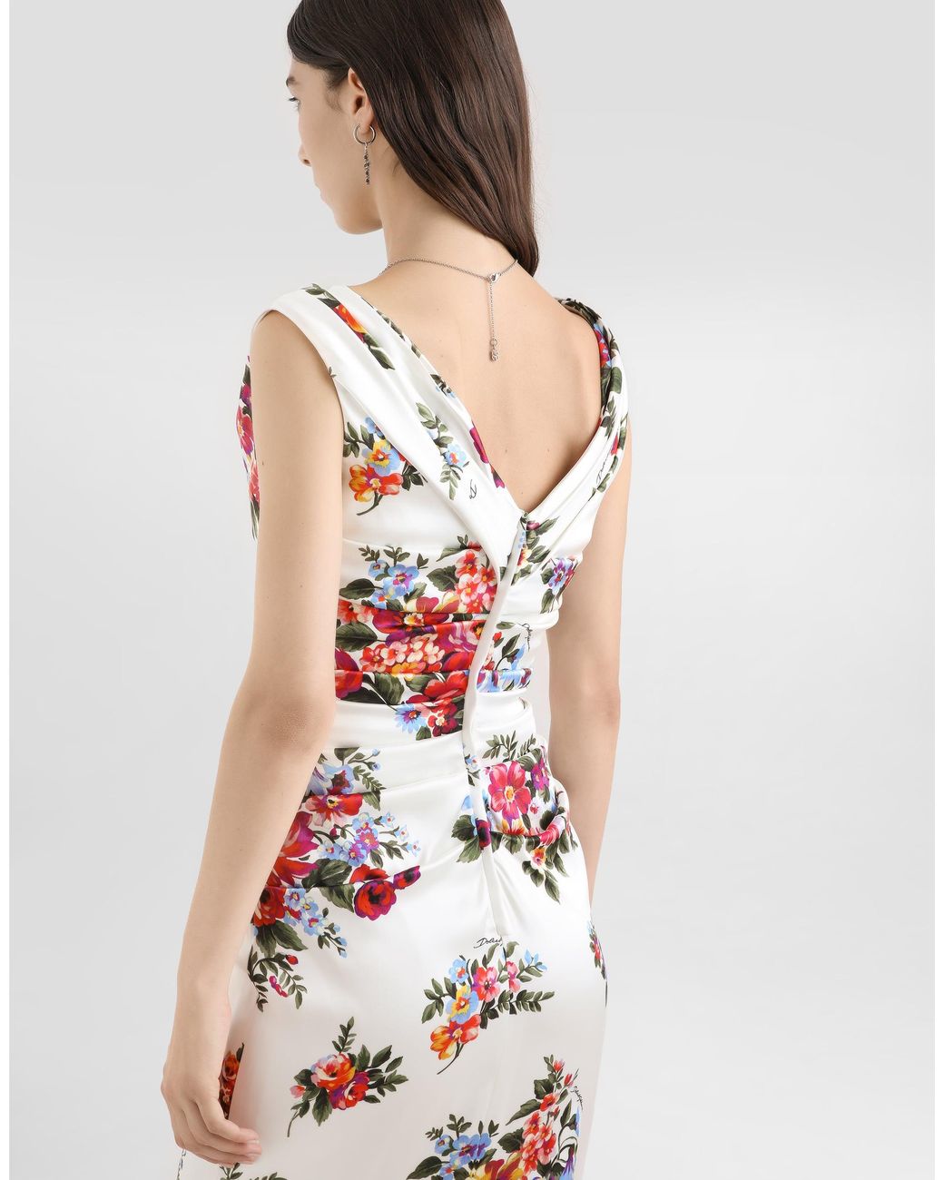 Dolce & Gabbana White Flower Bouquet-Print Satin Dress