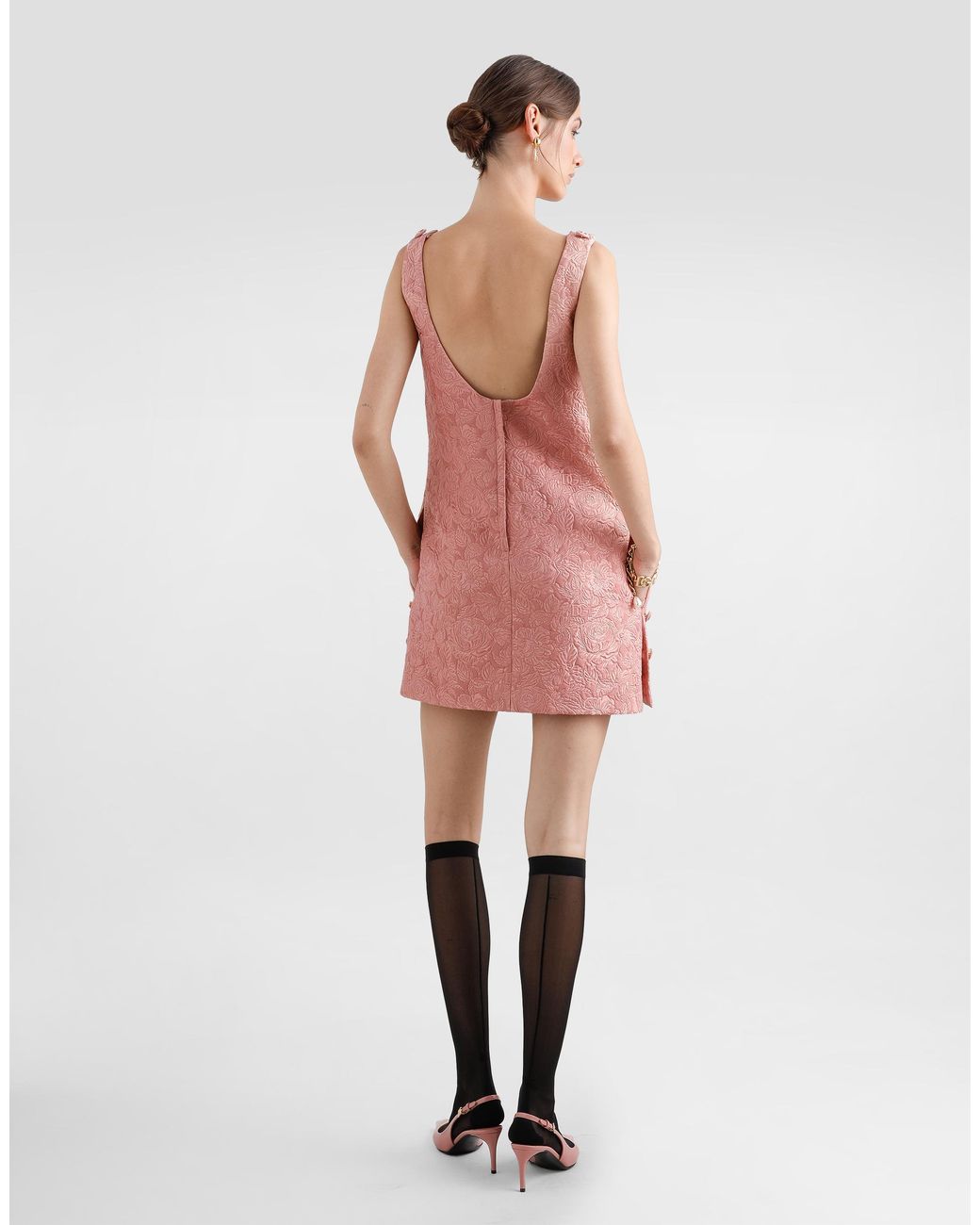 Dolce & Gabbana Pink Short Floral Quilted Jacquard Sack Dress