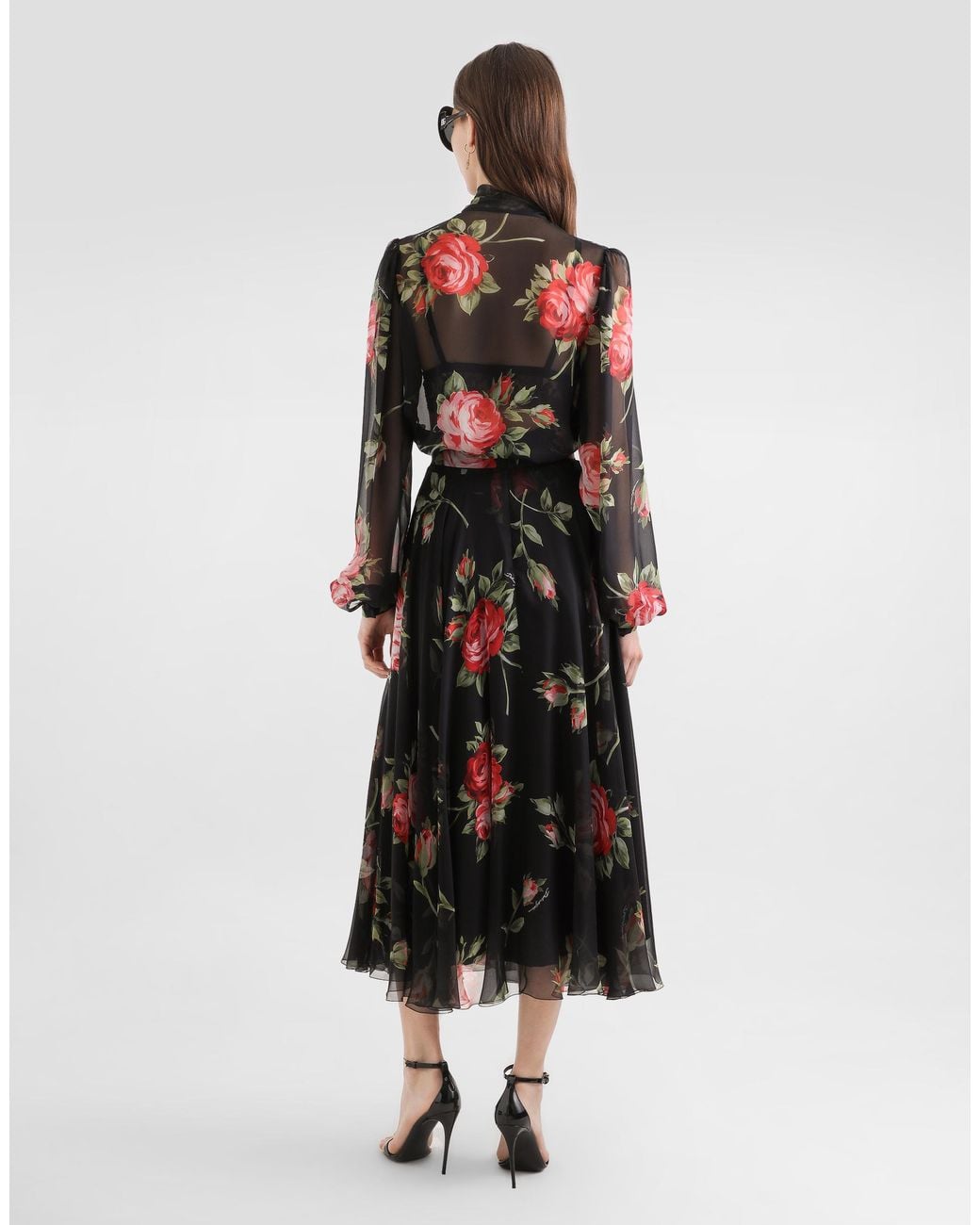 Dolce & Gabbana White Rose Bouquet-Print Chiffon Circle Skirt