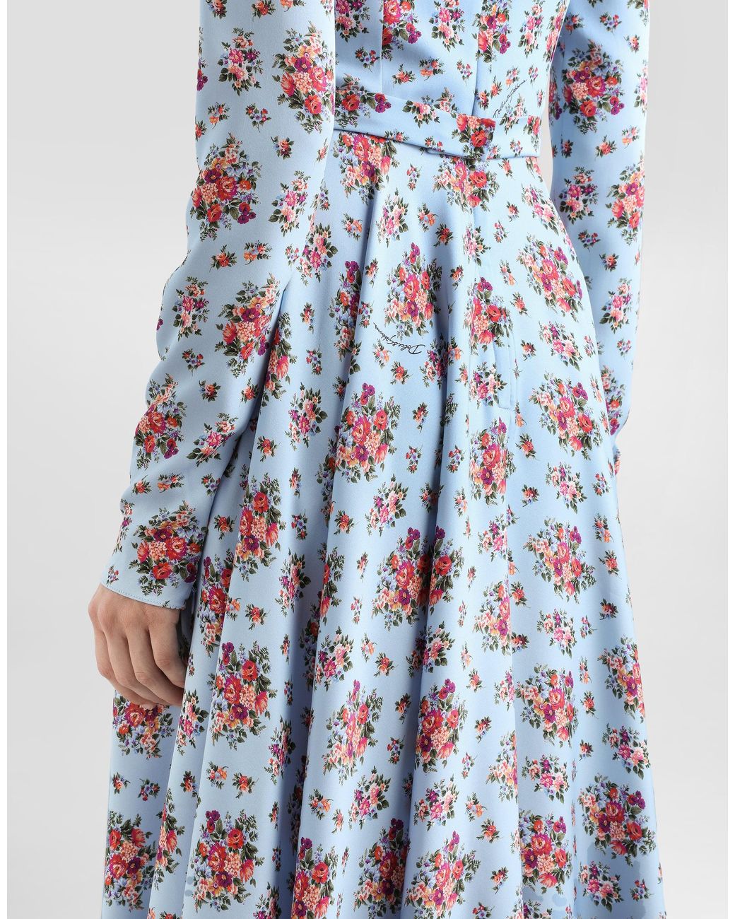 Dolce & Gabbana Blue Small Flower Bouquets-Print Long Charmeuse Dress