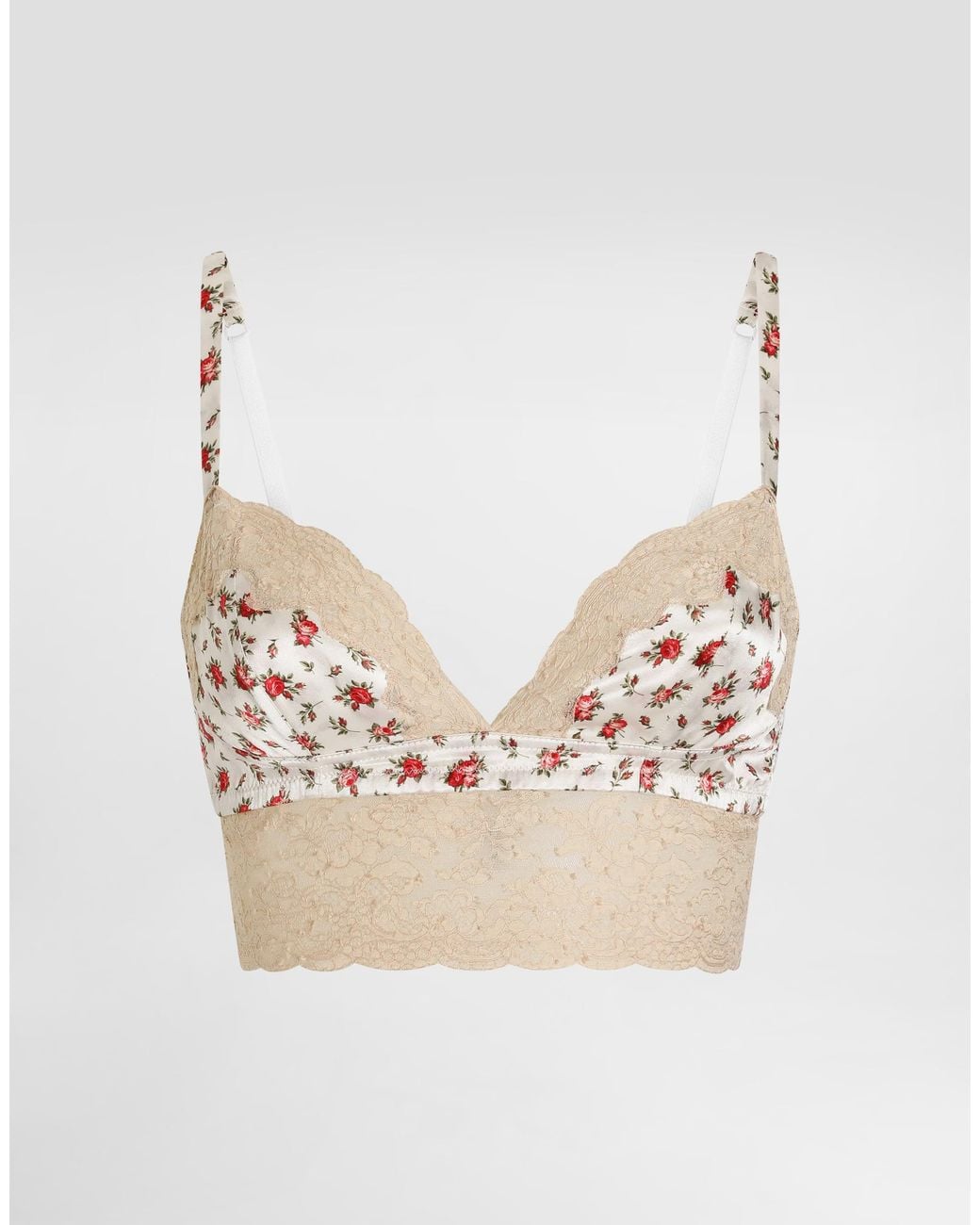 Dolce & Gabbana Natural Small Rose-Print Satin And Lace Bra