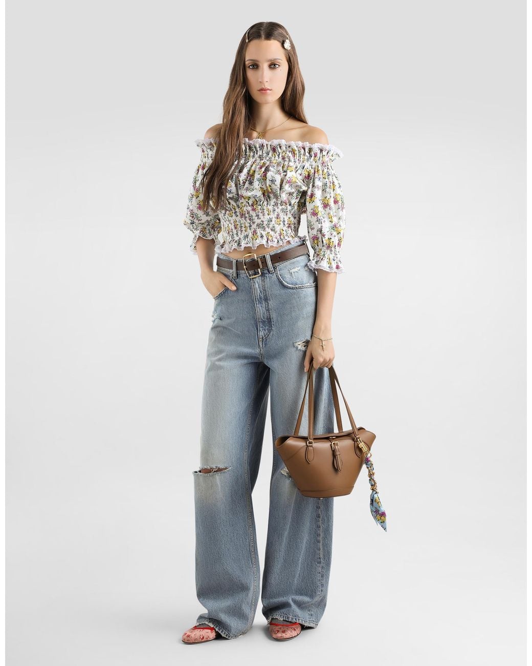 Dolce & Gabbana White Small Floral-Print Poplin Top
