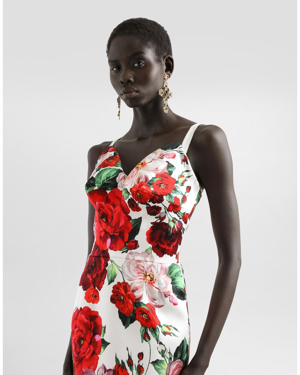 Dolce & Gabbana White Strapless Satin Calf-Length Dress With Rose