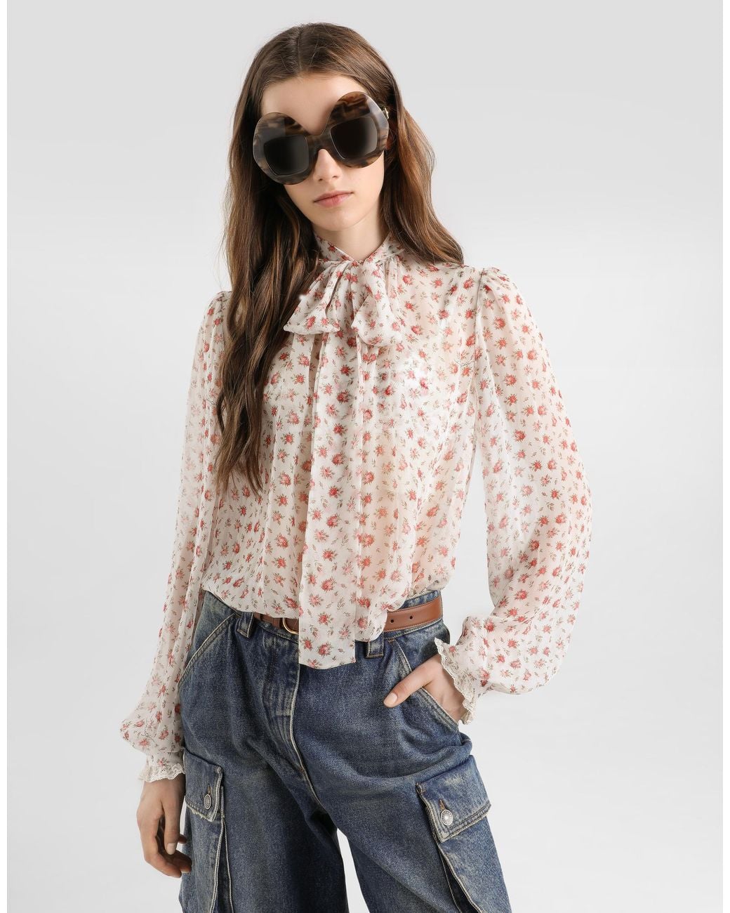 Dolce & Gabbana White Small Rose-Print Chiffon Top