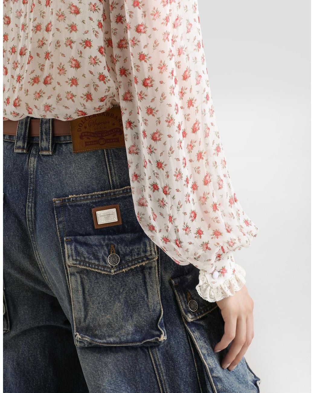 Dolce & Gabbana White Small Rose-Print Chiffon Top