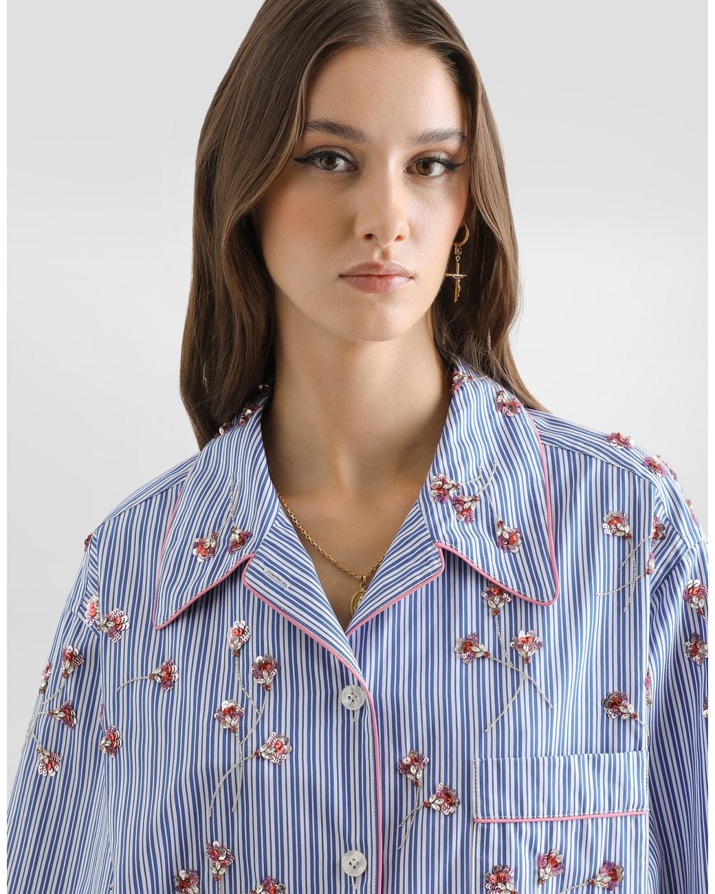 Dolce & Gabbana Blue Poplin Shirt With Crystal Flower Embroidery