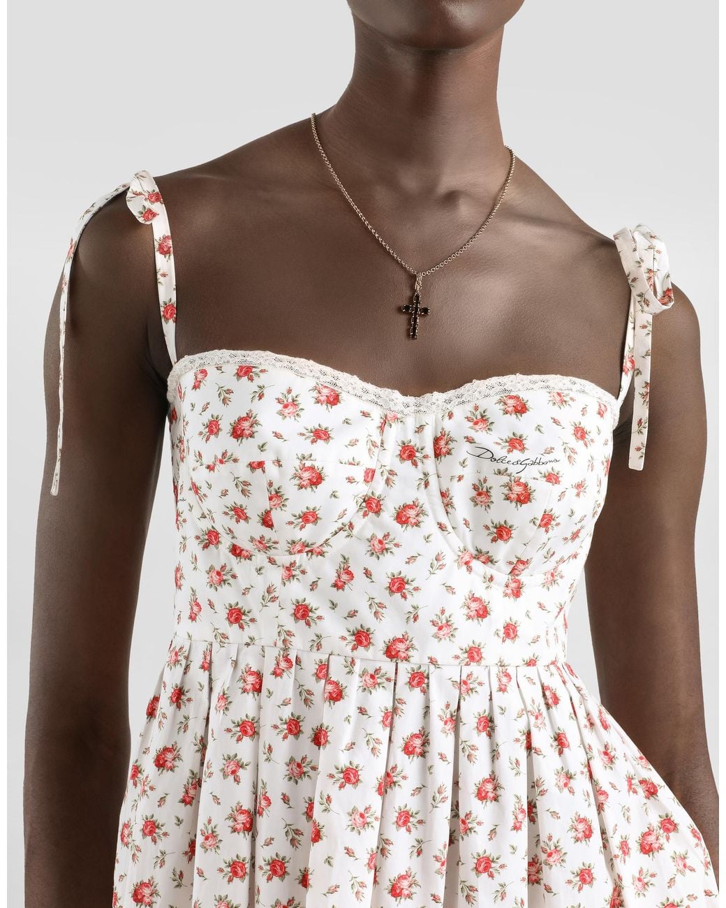 Dolce & Gabbana White Small Rose-Print Short Poplin Dress