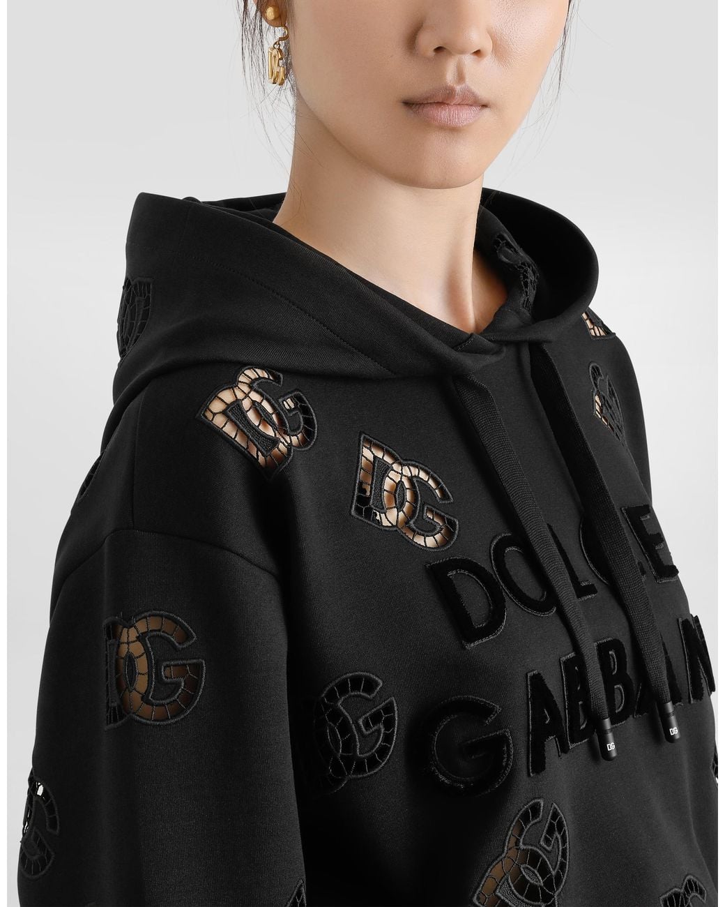 Dolce & Gabbana Black Sweatshirt Aus Jersey Mit Cut-Out-Stickerei Dg-Logo