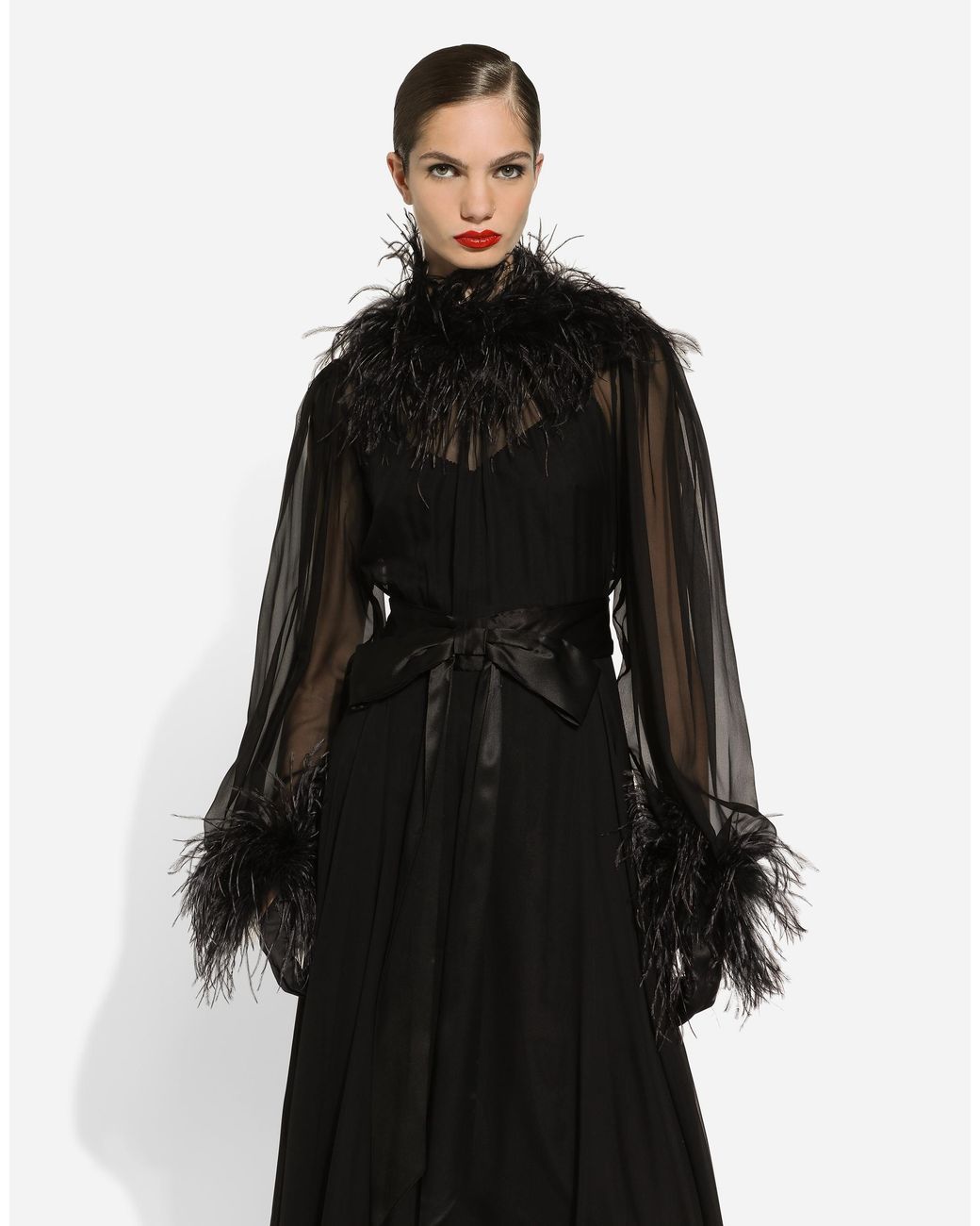 Dolce & Gabbana Black Long Silk Chiffon Dress With Ostrich Feather Details