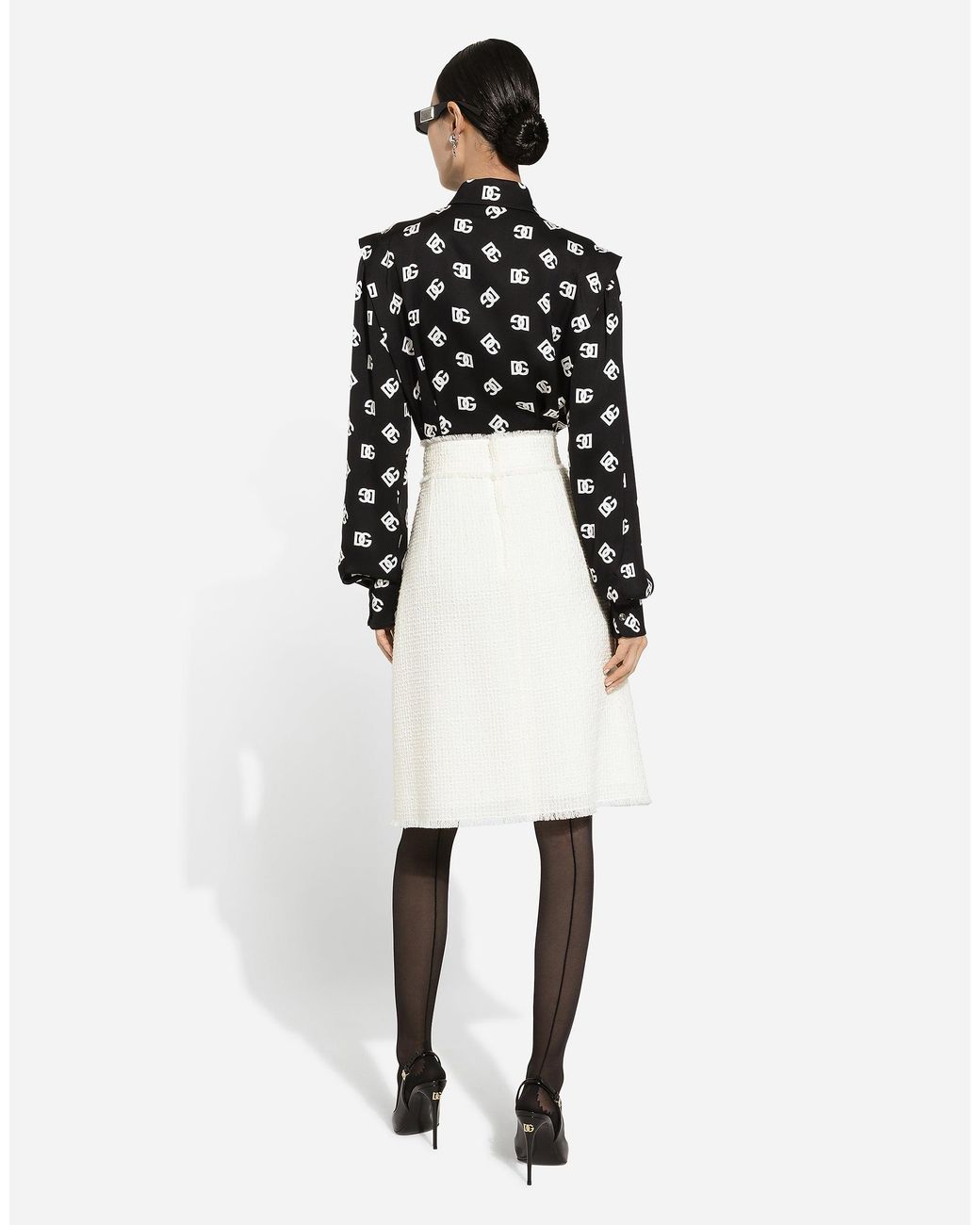 Dolce & Gabbana White Raschel Tweed Midi Skirt With Central Slit
