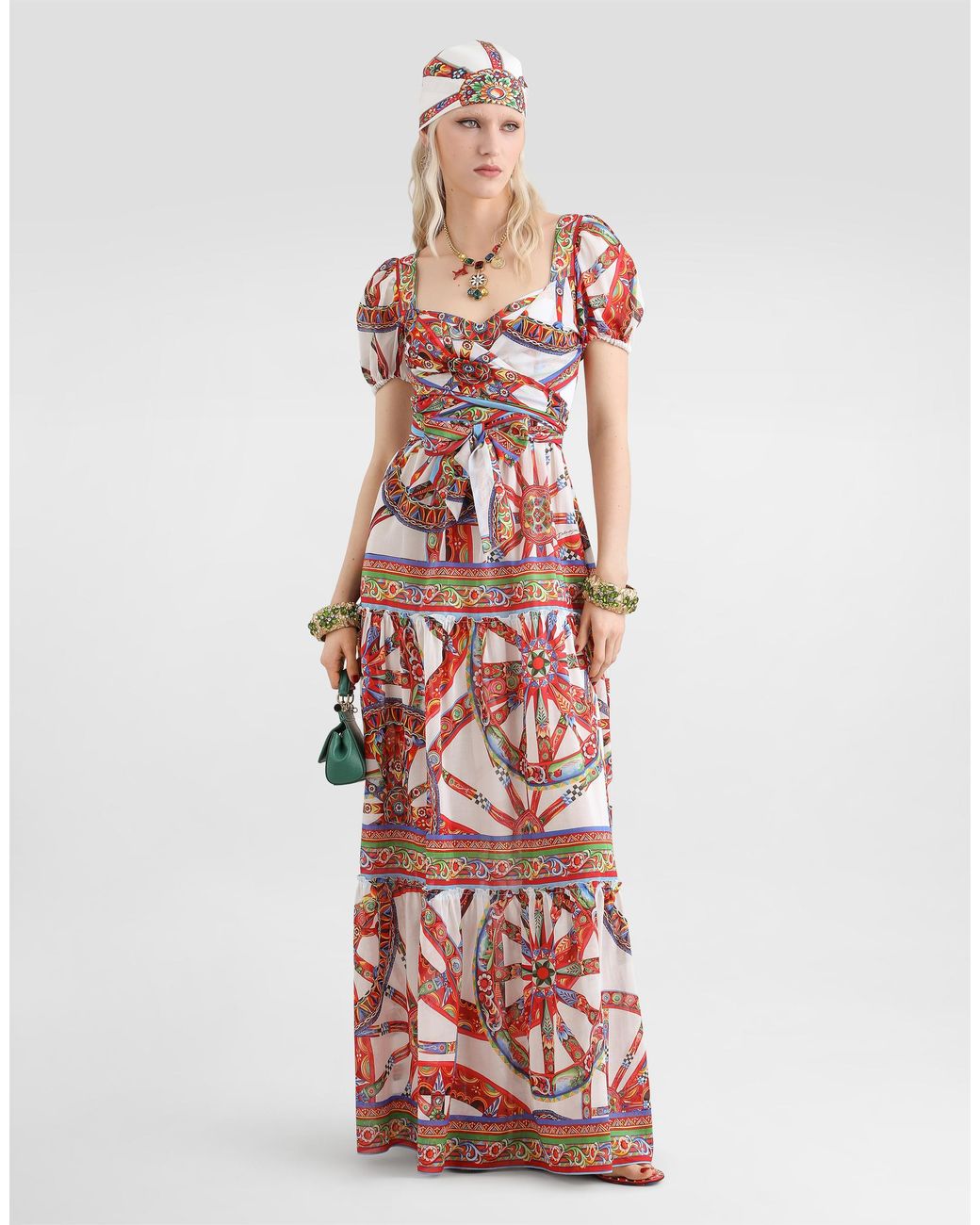 Dolce & Gabbana White Long Batiste Dress With Carretto-Print