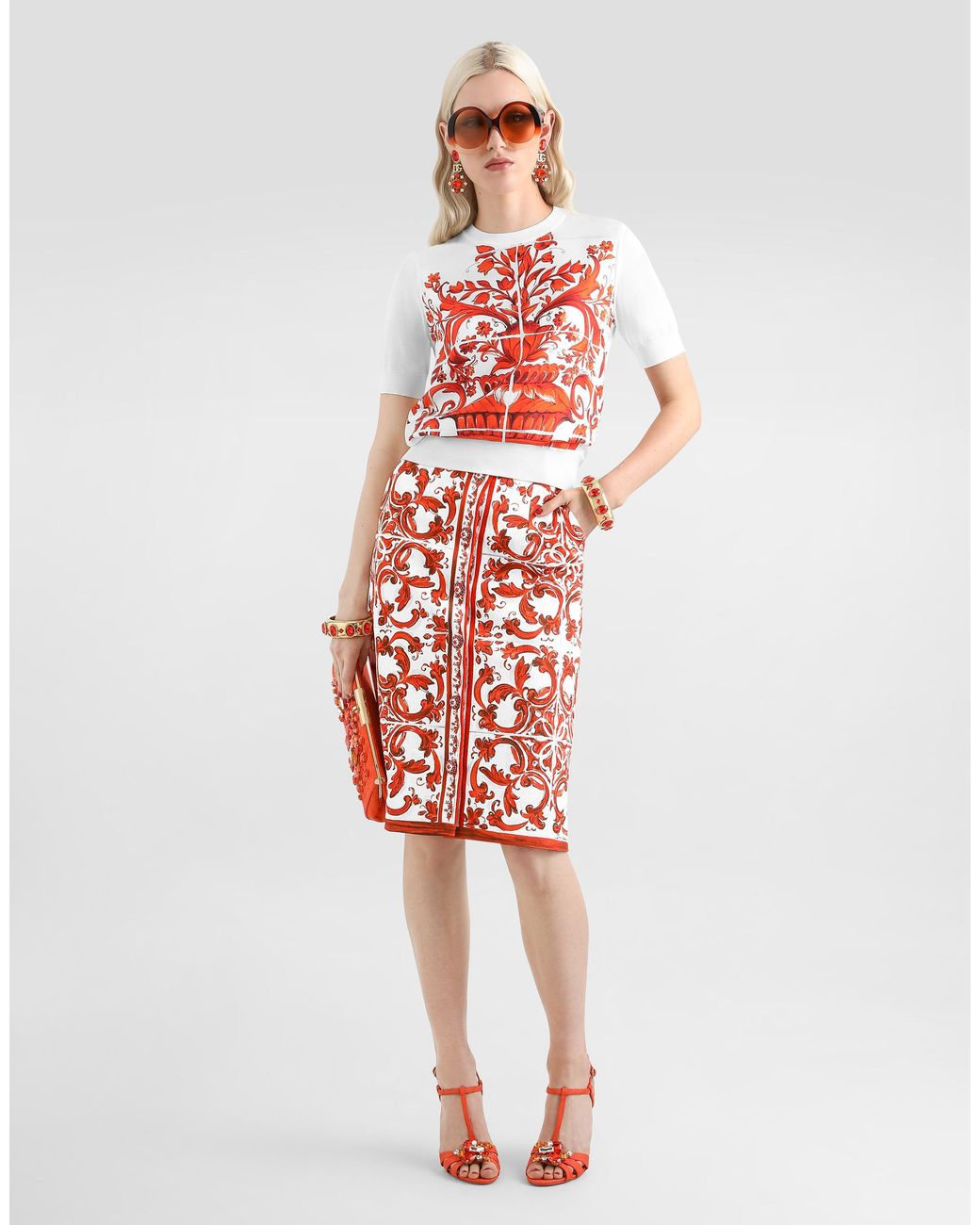 Dolce & Gabbana Red Majolica-Print Brocade Skirt With Jewel Buttons