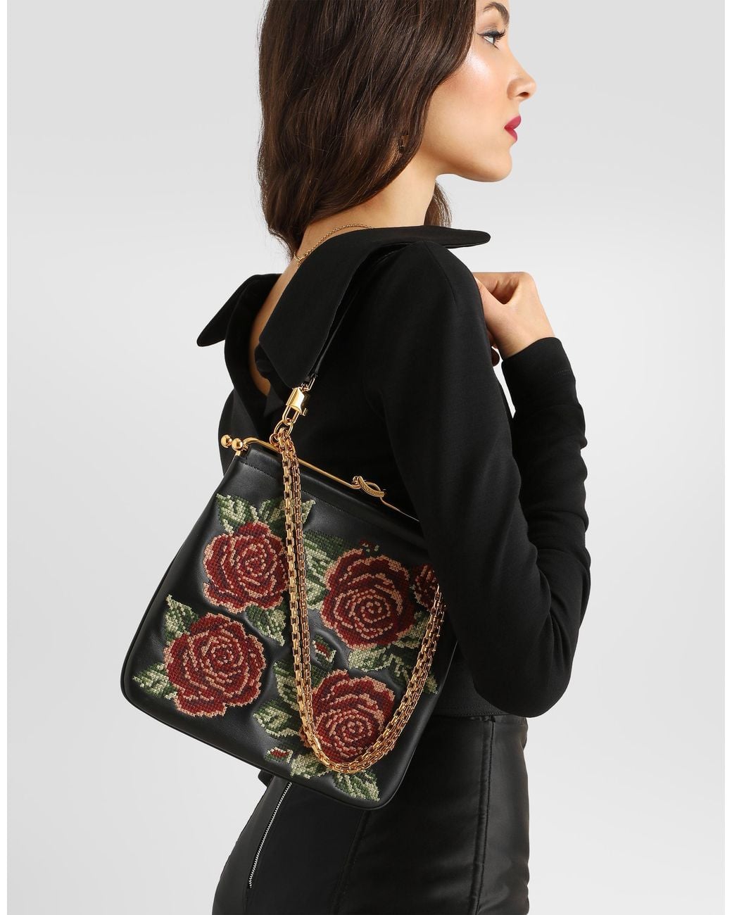 Dolce & Gabbana Black Dina Shoulder And Crossbody Bag With Fine Stitch Embroidery