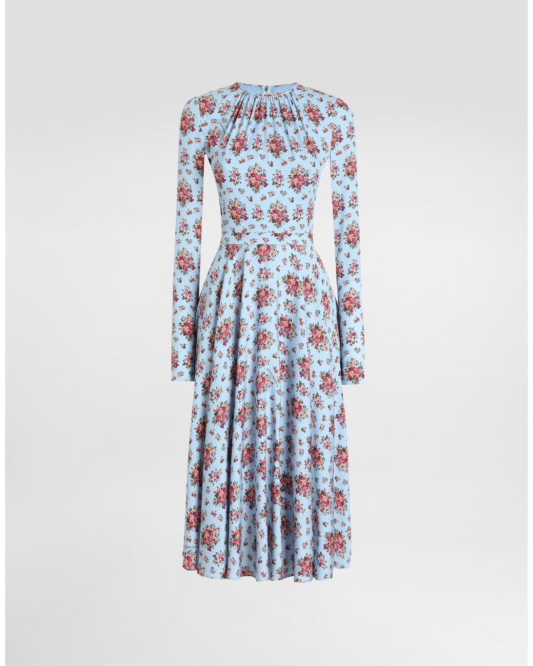 Dolce & Gabbana Blue Small Flower Bouquets-Print Long Charmeuse Dress
