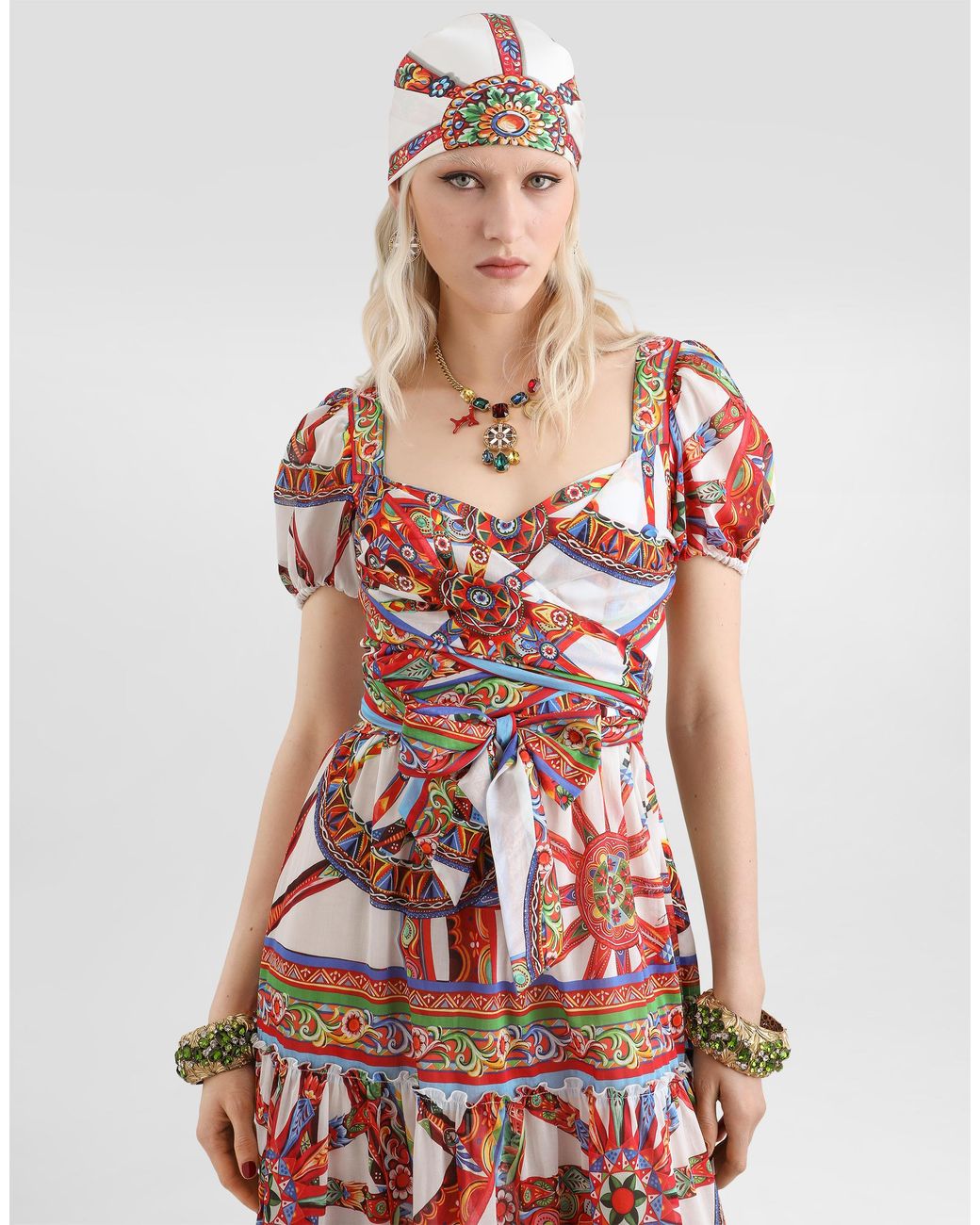 Dolce & Gabbana White Long Batiste Dress With Carretto-Print