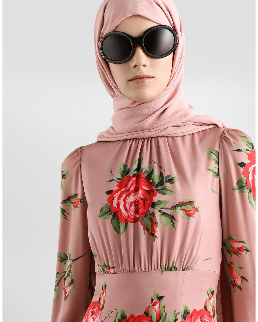 Dolce & Gabbana Red Rose Bouquet-Print Charmeuse Long Dress