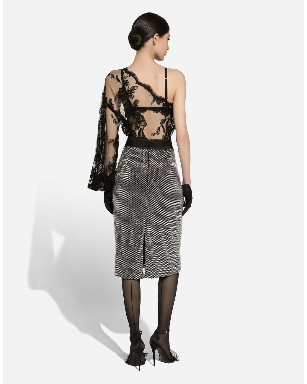 Dolce & Gabbana Black Chantilly Lace One-Shoulder Blouse
